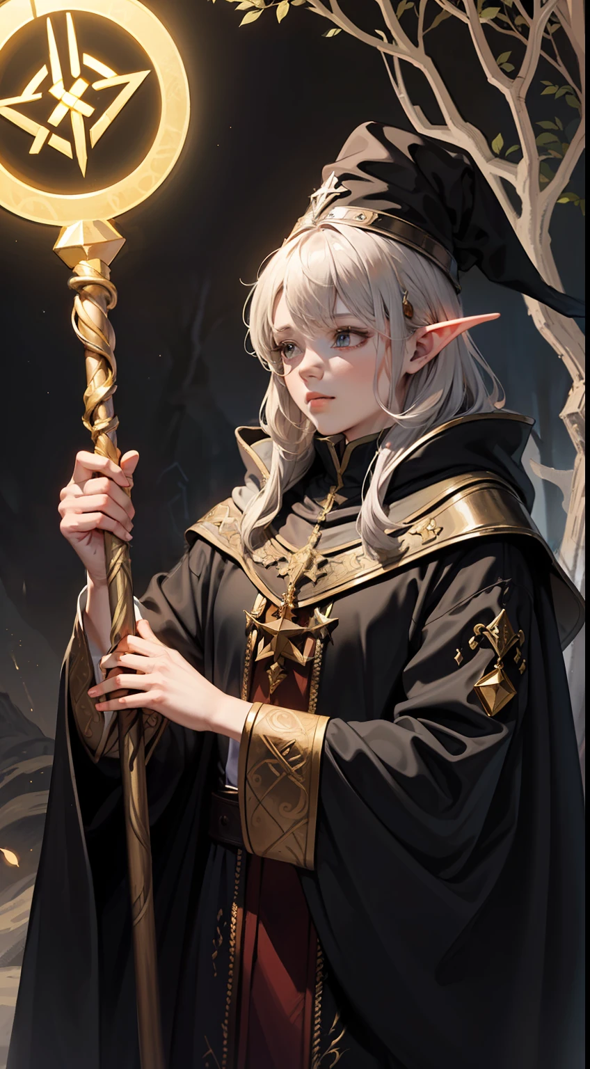 ((Whimsical)), ((Magical)), high detailed, masterpiece, A young wizard with a staff, ((wizard)) with pointed hat and cloak, ((mystical aura)) emanating from staff, ((glowing runes)) on the cloak, ((enchanted forest)) in the background, ((familiar)) perched on the wizard's shoulder, ((spellbook)) held in hand.