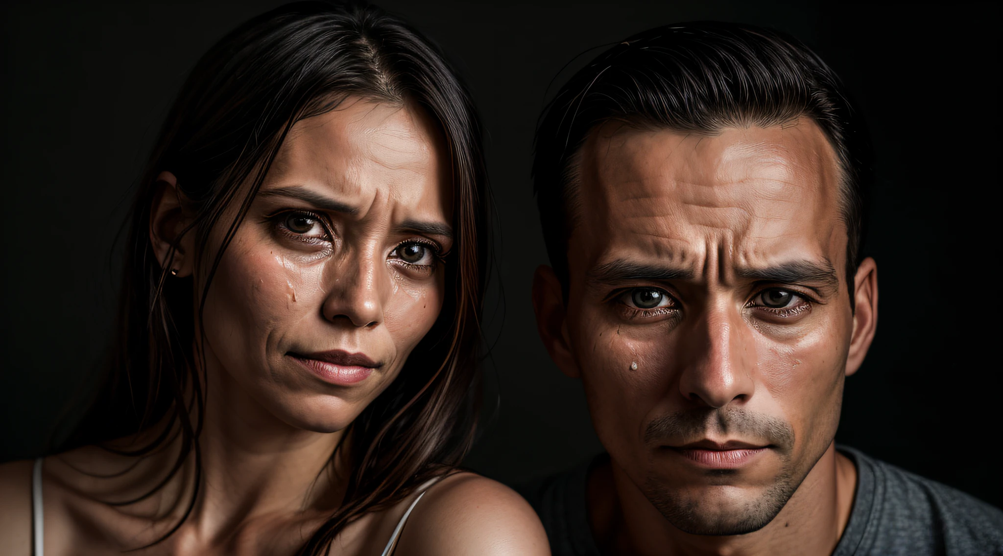 A portrait of a man next to his wife, young, 30 years old, crying, with piercing eyes, detailed face, high details, photography, dark studio, rim light, Nikon D850, 50mm, f/1.4