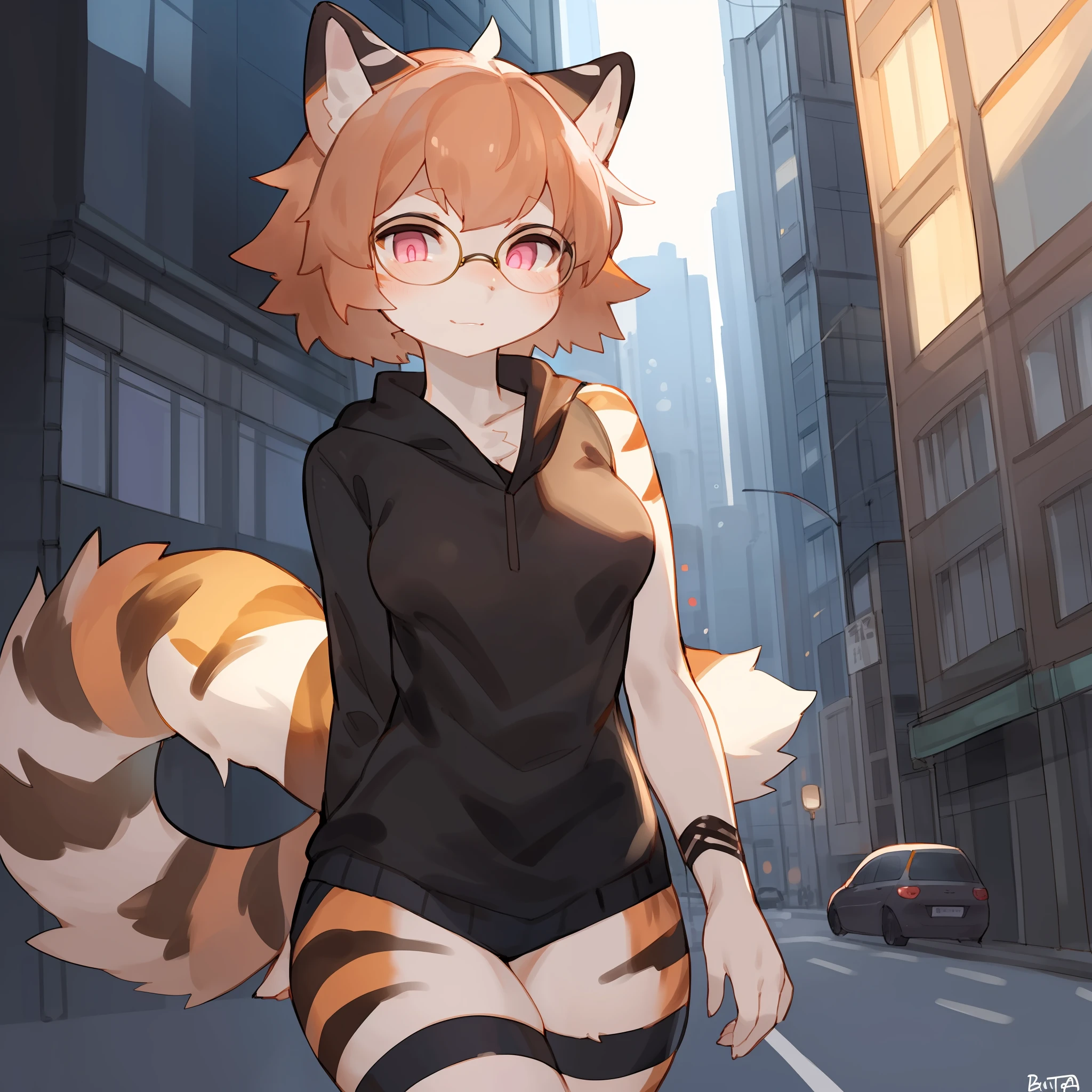 Solo, female, white fur, pale orange stripes, striped fur pattern, pale orange hair, medium hair, pink eyes, detailed eyes, detailed hands, medium breasts, thick-rimmed glasses, by buta99, by bebebebebe, clothed, city