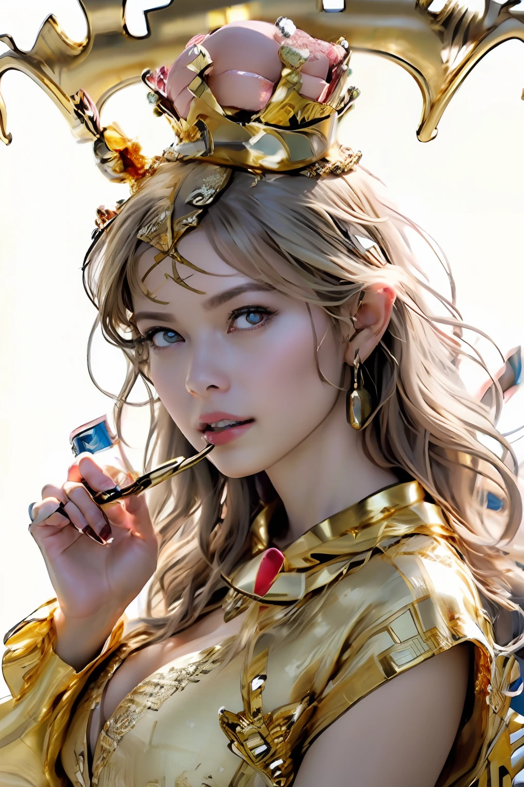 Ultra-detailed complex 3D rendering of the face, (masterpiece, top quality, octane rendering,), glamour shots, full body image, very beautiful young elves, cleavage, (highly detailed skin: 1.2), (exposure: 1.1), ((gold micro bikini studded with jewels: 1.95))))). 40k, (((very soft breasts)), (((noticeable large pink areola)), beautiful Caucasian woman with full soft breasts and dark skin with big buttocks, one, long braided hair, big breasts, dynamic angle, (((huge breasts: 2.4)), ultra-realistic photos, ((((blonde))), futuristic urban background, facial muscles, (((((detailed and glamorous gold crown)))), In the style of Marvel Comics, ArtStation Trends, Clear Focus, Intricate Detail, Highly Detailed, Detailed Red Eyes, Very Detailed, Sharp Focus, Digital Rendering, Professional, Abs, Lip Gloss, Glossy Skin,
