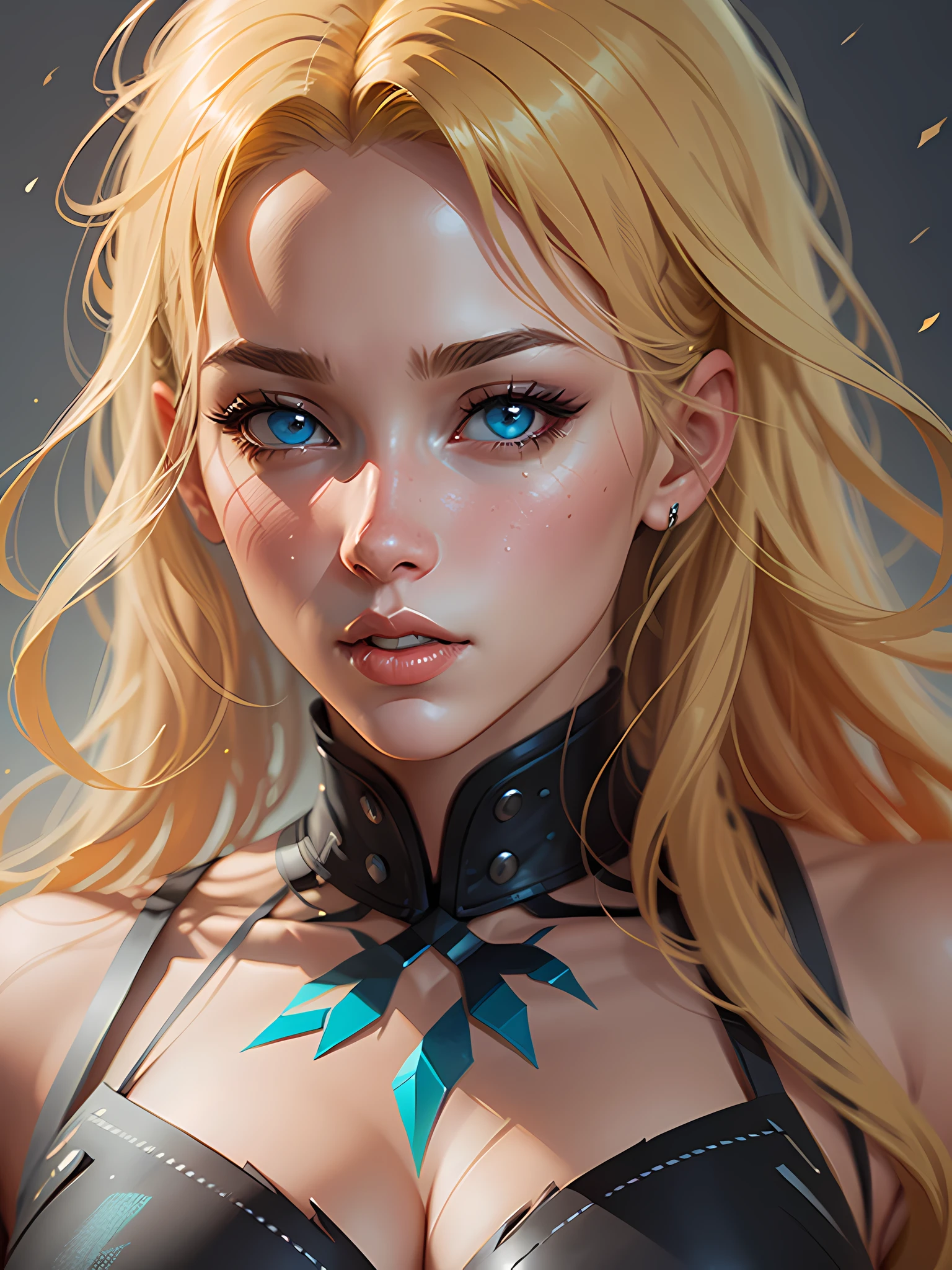 a woman with blonde hair and blue eyes in a black top, extremely detailed artgerm, rossdraws portrait, artgerm portrait, stunning anime face portrait, 4k detailed digital art, fanart best artstation, 8k high quality detailed art, realistic digital art 4 k, realistic digital art 4k, 4k highly detailed digital art, epic portrait illustration