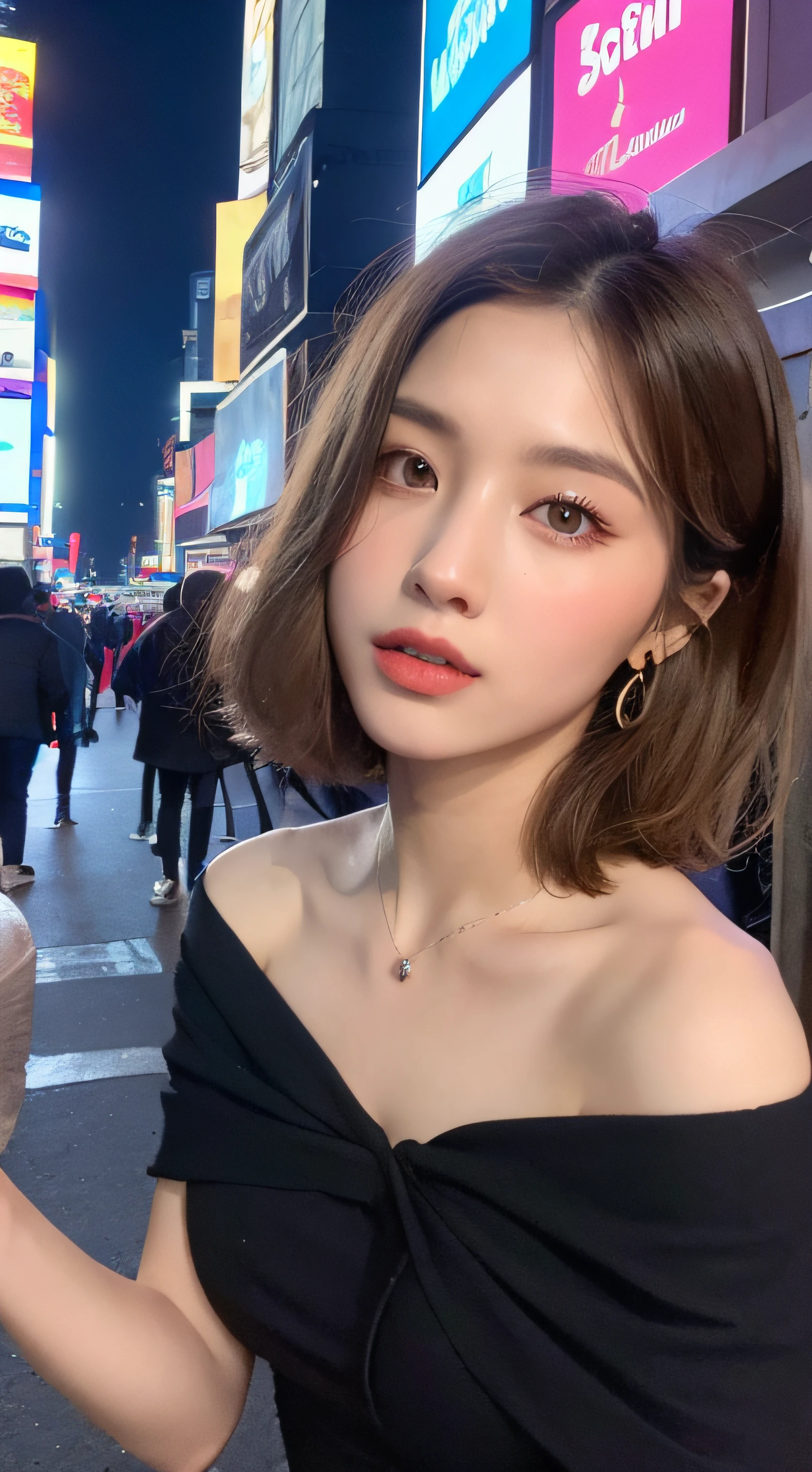 ((Night Scene, Realistic Light, Best Quality, 8k, Masterpiece: 1.3)), 1 Girl, Slim Body Beauty: 1.4, Blonde, Short Hair, (Big: 1.3), Off Shoulder Cut Top: 1.3, Ultra Detailed Face, Detailed Eyes, Double Eyelids, NYC, Times Square, Cleavage