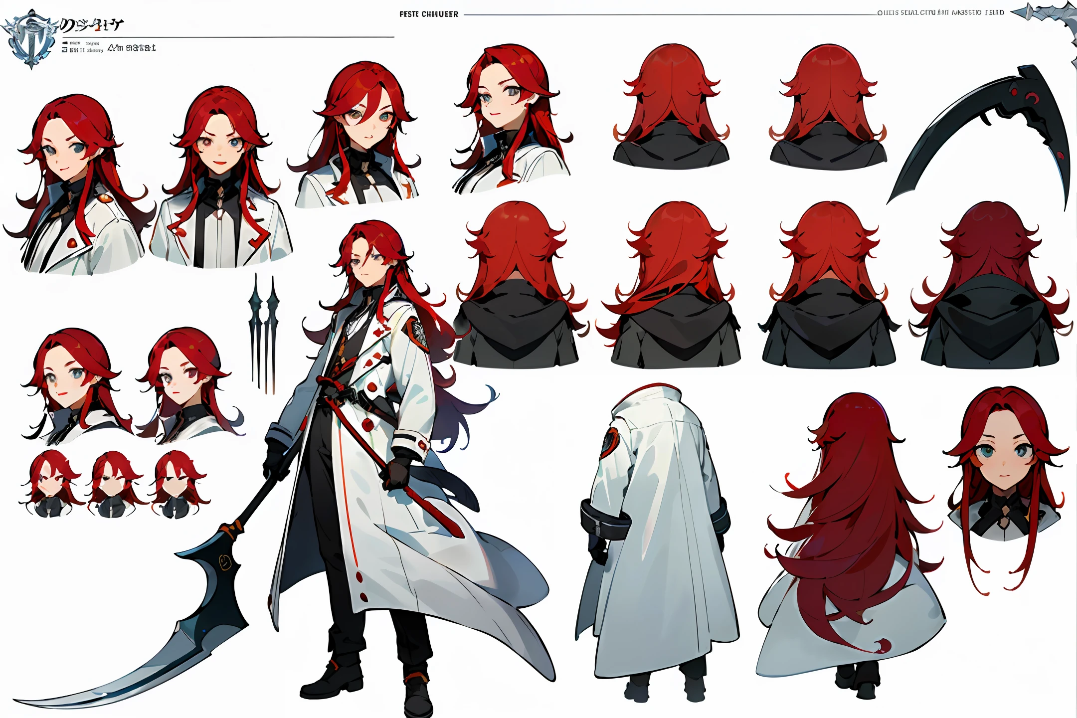 ((masterpiece)),(((best quality))),((character design sheet,same character,front,side,back)),illustration,1 male,long hair,hair on eyes,beautiful eyes,environment Scene change, pose too, male long red hair, white biker coat, holding a scythe, charturnbetalora, (simple background, white background: 1.3)