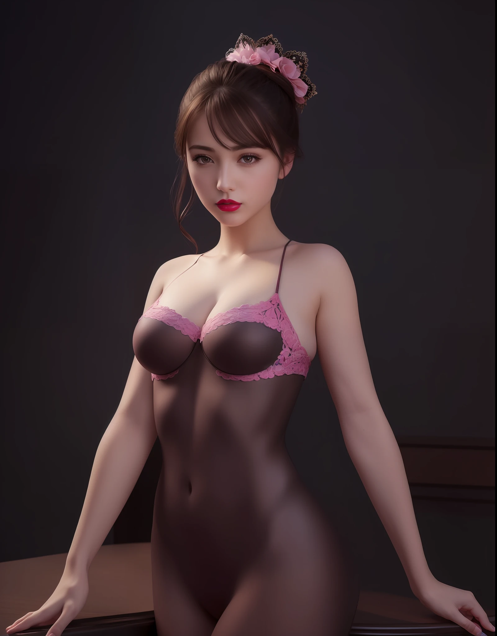 (masterpiece, best quality, extremely detailed 8k, ultra hd, ultra-detailed, highly detailed, highly realistic, ultra-realistic, photo realistic), (1girl:1.5), (detailed realistic skin), (realistic big breasts), (pink lipstick), slender abs,