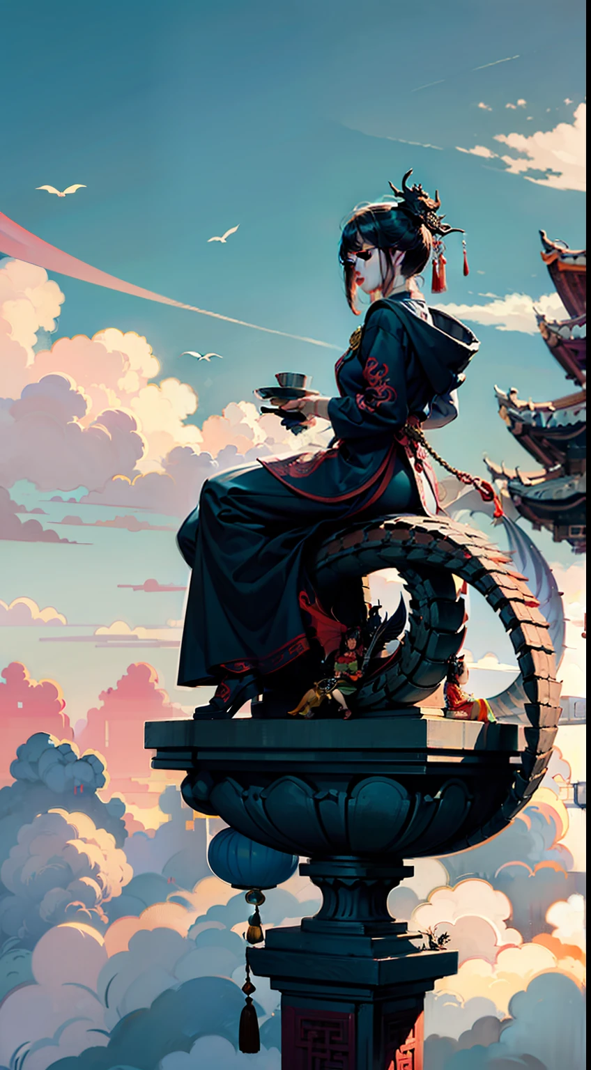 masterpiece, best quality, 1Girl sitting on chinese dragon,cloudy sky, 
AND 1girl, Girl sitting on chinese dragonAND 1dragon,Girl sitting on chinese dragon,dragon hood,