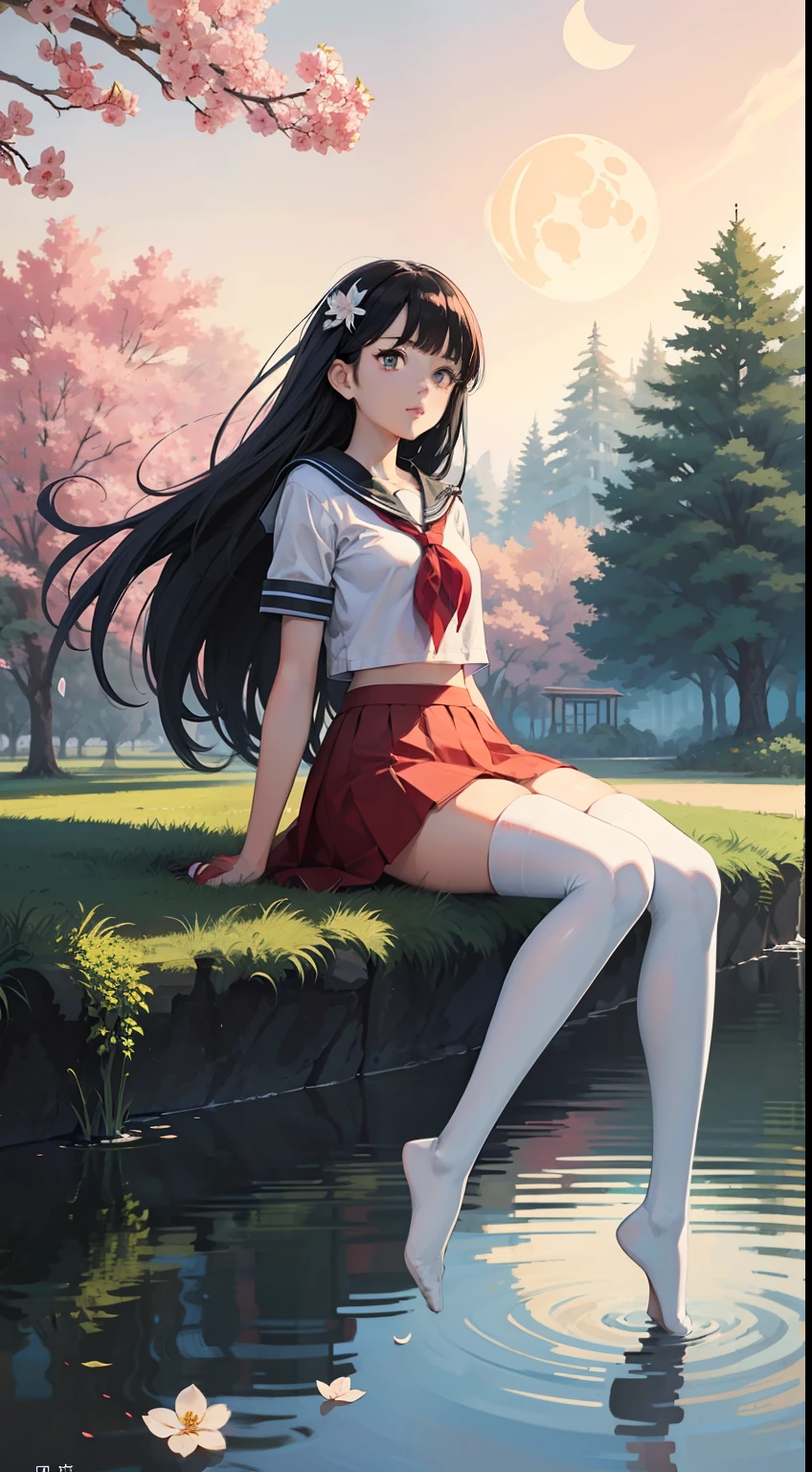 absurdres, highres, ultra detailed, (4 fingers),  (A youthful and dreamy anime girl with long  straight blue-black hair sits in a vibrant school setting), full body, from below,  looking at viewer, long hair, arms behind back, outdoors, flower-shaped pupils, pupils sparkling, full moon, large breasts, 
BREAK 
cel shading, bold outlines, flat colors, sharp shadows, graphic style, manga influence, clean linework, striking visuals, white serafuku, 
intricate mechanisms, melodic creations, nostalgic charm, delicate craftsmanship, artistic engineering, (pink & white thighhighs without shoes) 
BREAK 
 ((beautiful detailed water)), ((floating)), dynamic angle, ((breeze)), flying splashes,  flying petals, wind, (detailed light) , feather, leaves, nature, (sunlight), river, (forest),(bloom), 
BREAK