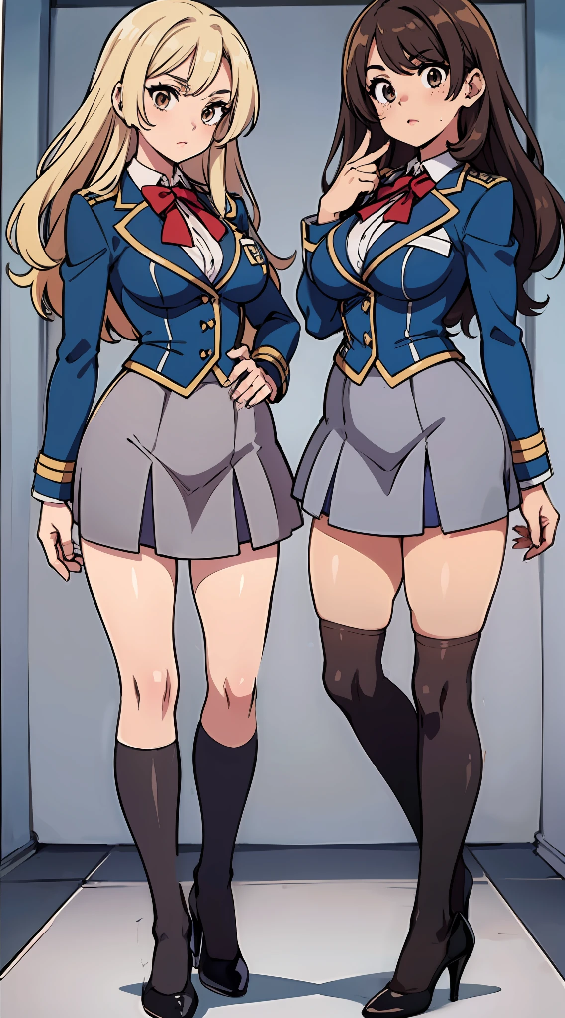 an anime style picture of the two fraternal twin sisters in the short skirts and white thigh high socks and high heels, 2girls, twins, hazel eyes, brown curly hair, blonde curly hair, ((1 blonde girl, 1 brown haired girl)), duo, gray blazer, gray skirt, black high heels, uniform, highly detailed face, perfect feet, portrait, full body, matching outfits, matching hairstyles