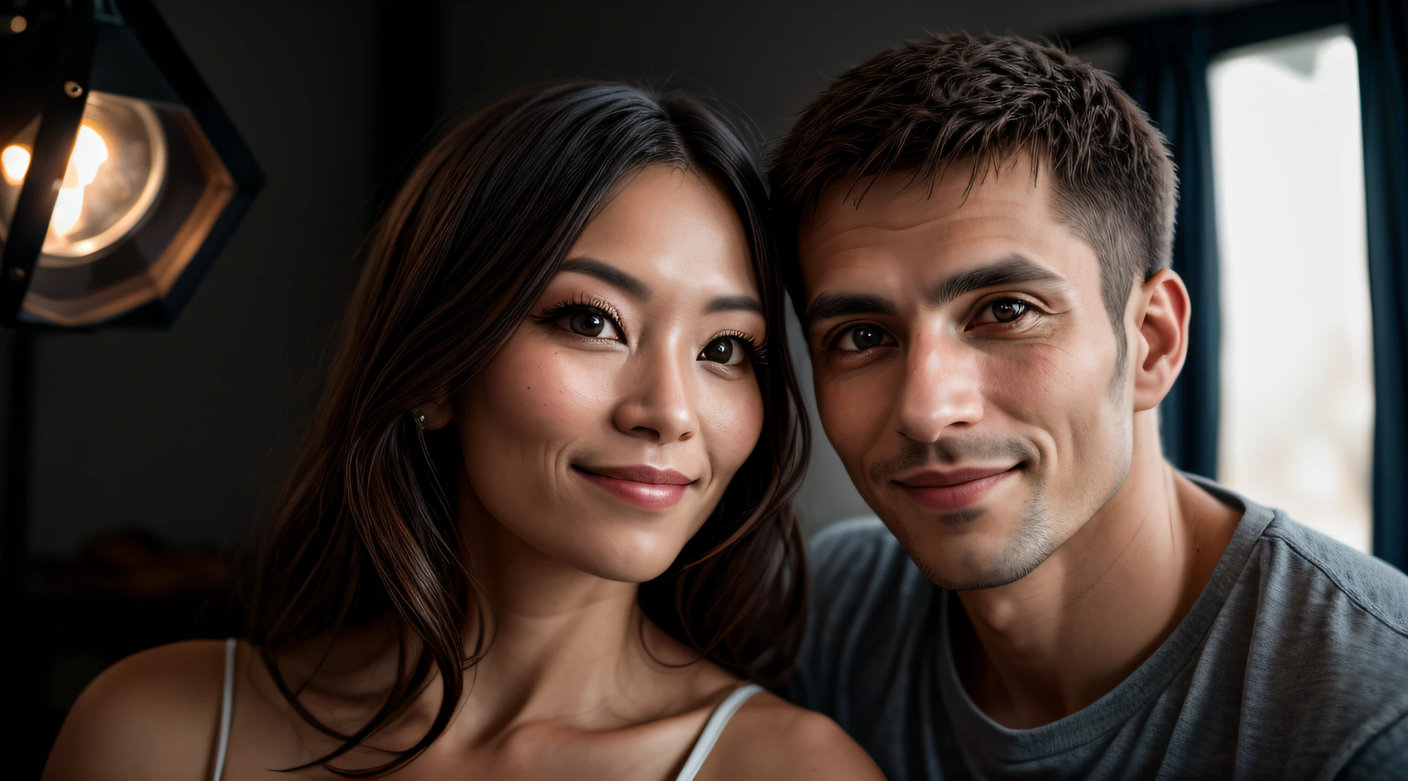 A portrait of a man next to his wife, young, 30 years old, happy, with piercing eyes, detailed face, high details, photography, dark studio, rim light, Nikon D850, 50mm, f/1.4