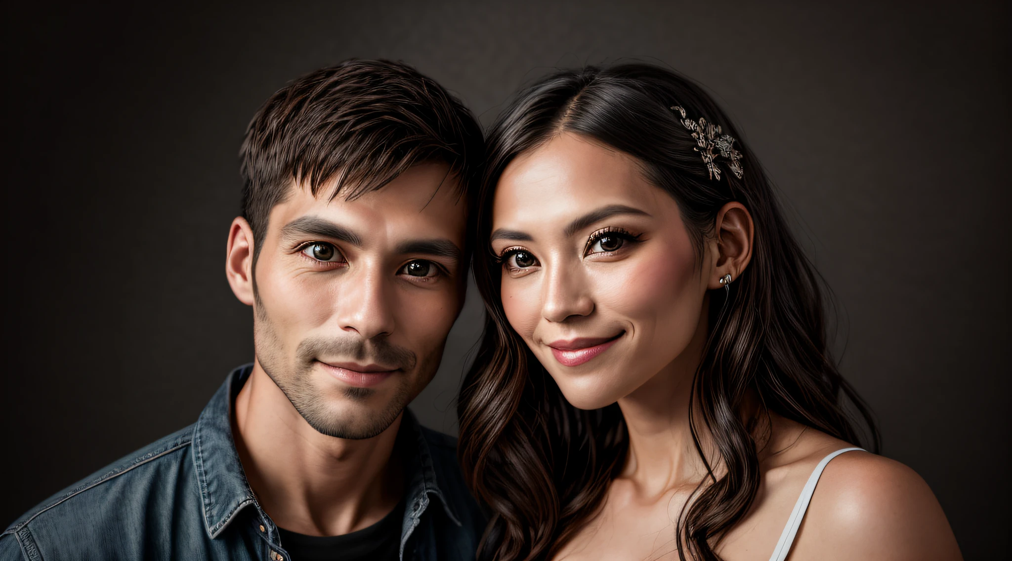 A portrait of a man next to his wife, young, 30 years old, happy, with piercing eyes, detailed face, high details, photography, dark studio, rim light, Nikon D850, 50mm, f/1.4