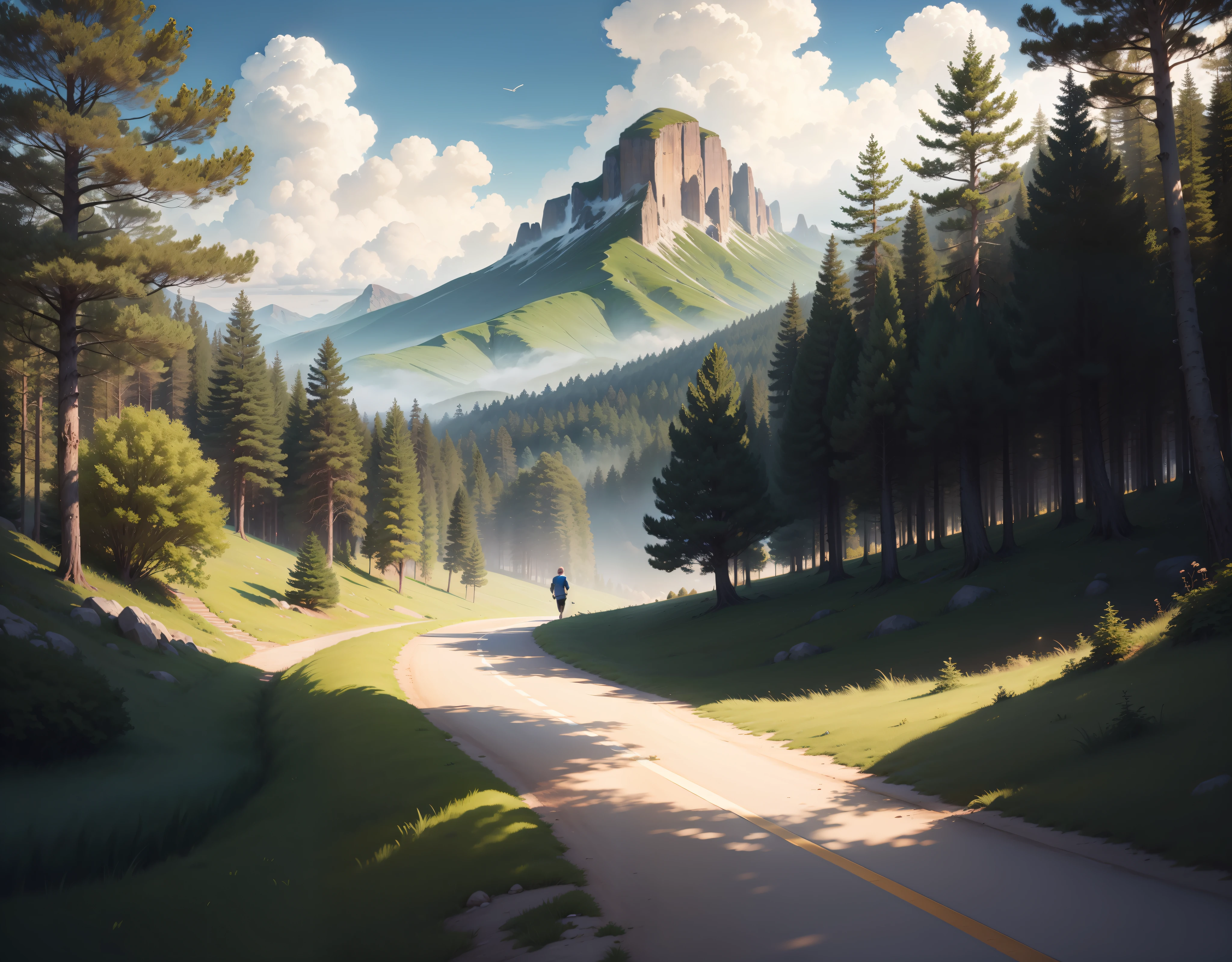 man, landscape, nature, mountains, paths, path, path to heavens, palm trees, alone, alone, straight path, natural view, divine, clouds, cloud, heavens, sky, sun, detailed sky, path to, back, manly, manly, manly, vigorous, strong, well dressed, tunic, decent, walk, run, path, beauty path, life path, nature, beautiful place, paradise, back, walking, sky, God, Heavens, nature, nature, forest, forests, straight path, towards the heavens, heavenly, looking straight path, towards photorealism, photorealistic, ultra hd, 4k, detailed textures, futuristic colors, detailed colors, beautiful colors, excellent colors, detailed hue,