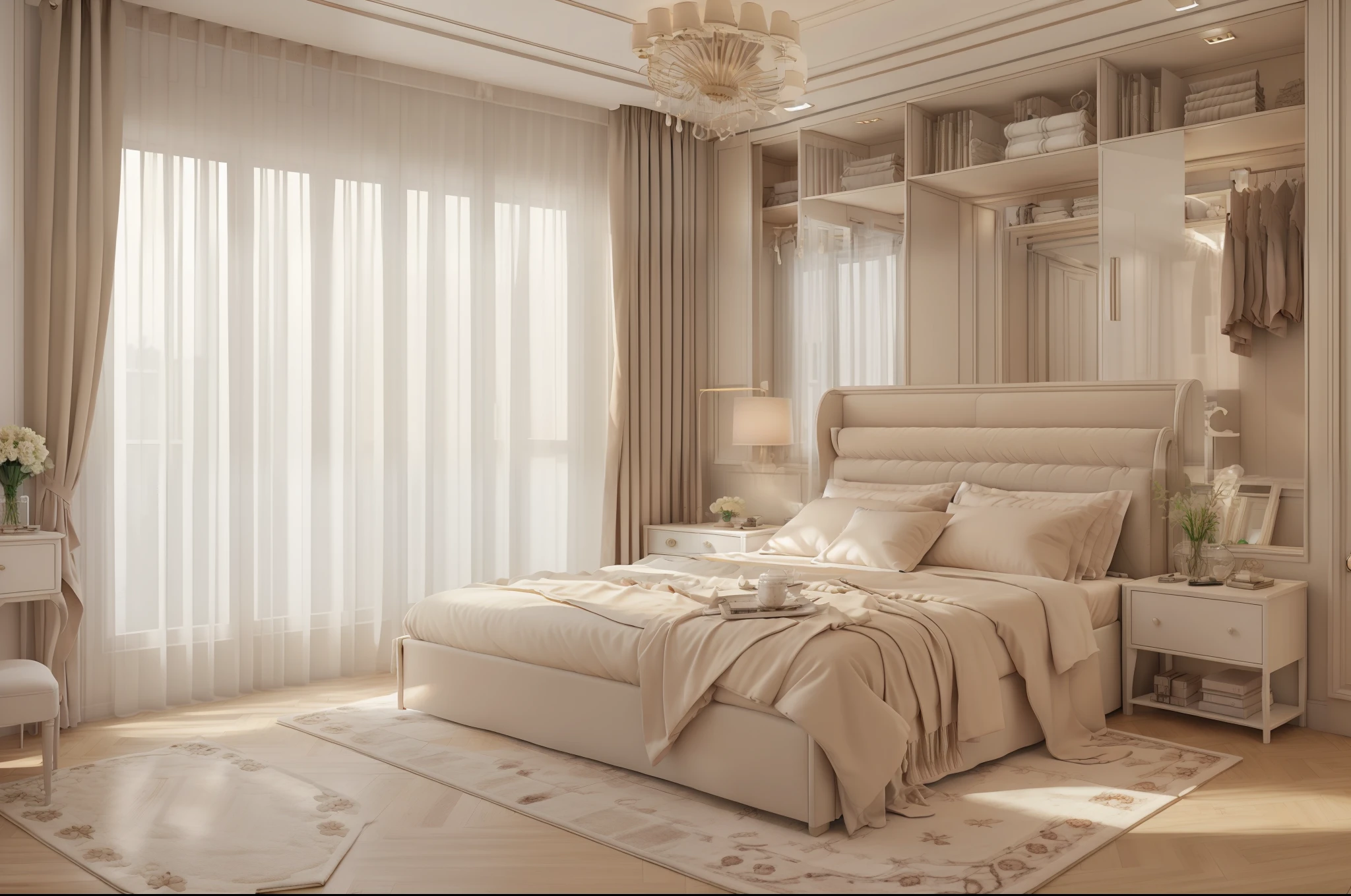 Masterpiece, high quality, best quality, authentic, super detail, interior,neoclassical bedroom, bed, wardrobe, curtains, Windows, modern ceiling,carpet,similar color tones,warm light,vray