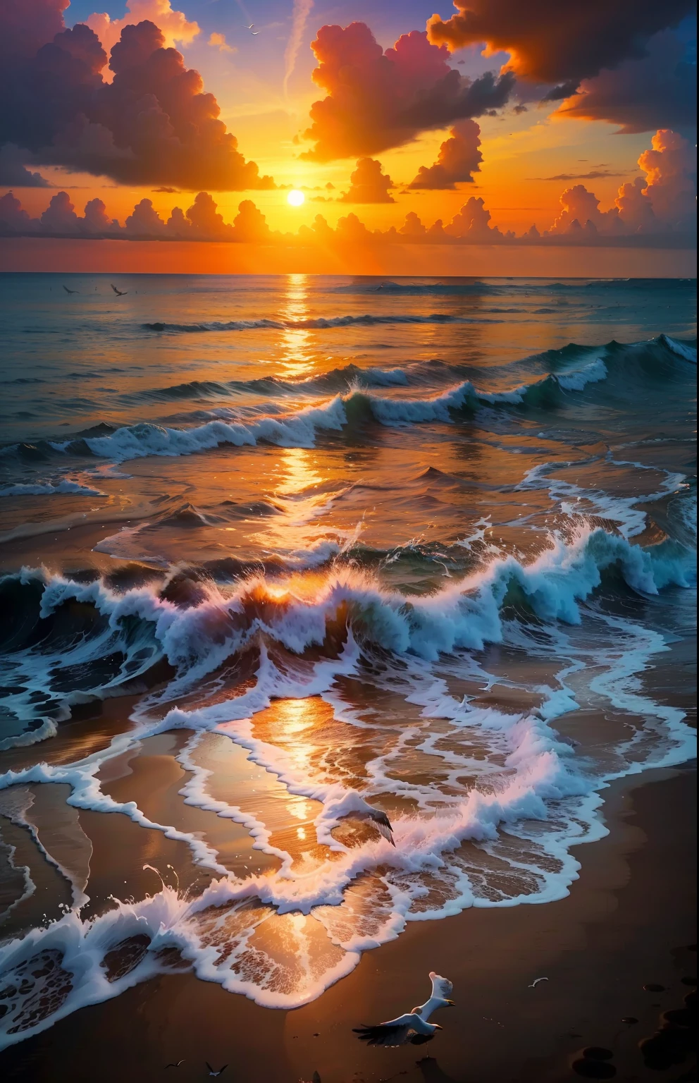 An absolutely mesmerizing sunset on the beach, with a mix of orange, pink, and yellow in the sky. The water is crystal clear, gently kisses the coast, and the white sand is endless. The scene is dynamic and breathtaking, with seagulls soaring high in the sky and palm trees swaying softly. Immerse yourself in the calm atmosphere and let the serenity surround you.