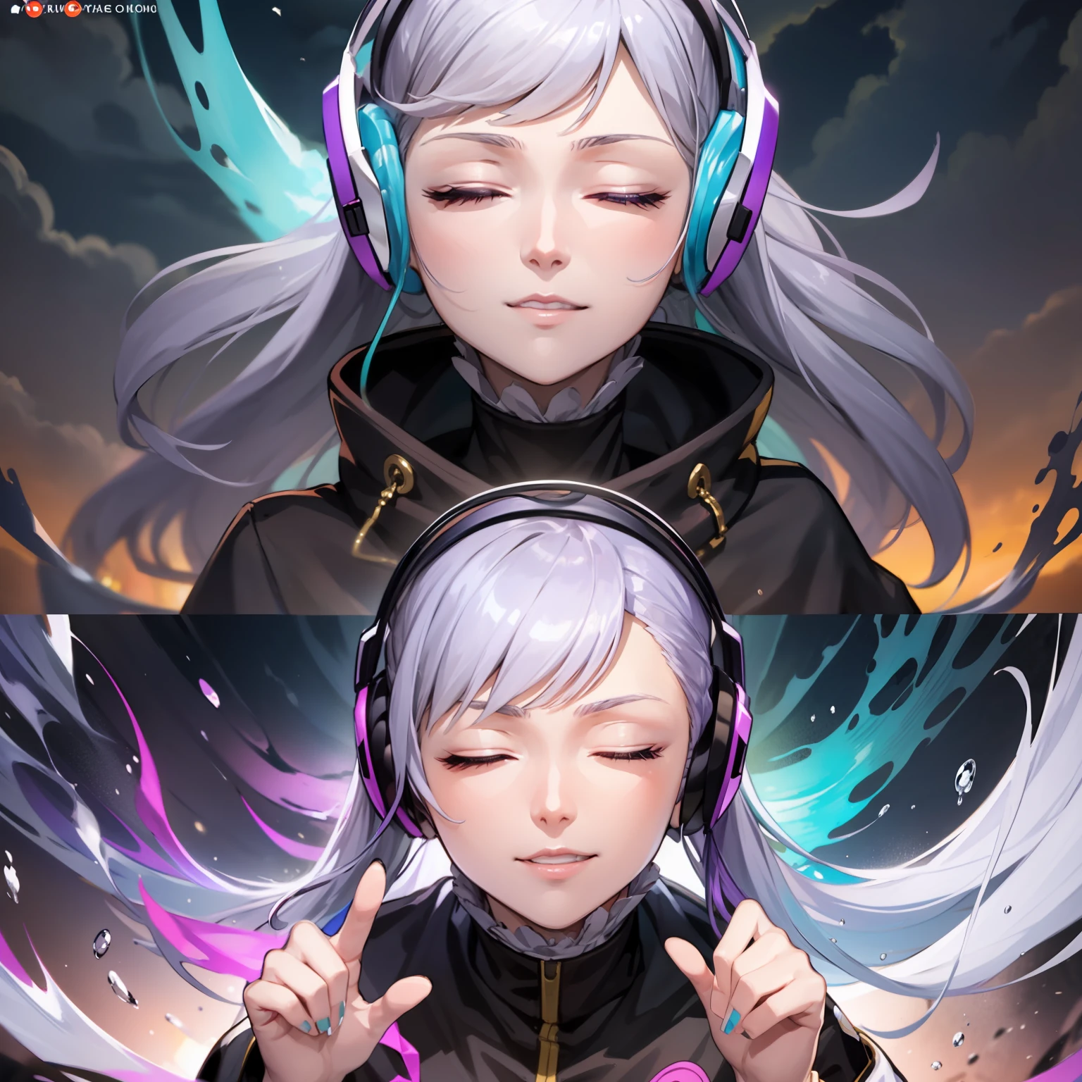 Woman with peace sense headset, closed eyes, beautiful face, RGB colors, bright purple hair, anime, banner for youtube video, happy girl, clouds with RGB colors, bright RGB colors.
