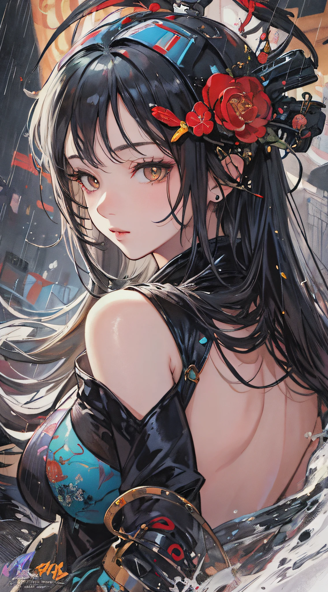 (masterpiece, highest quality, high resolution: 1.4), detail, UHD, rain, cyberpunk, artgerm, ink splash, super color, ukiyo-e, color wash, highlight, excellent lighting, most amazing effect,