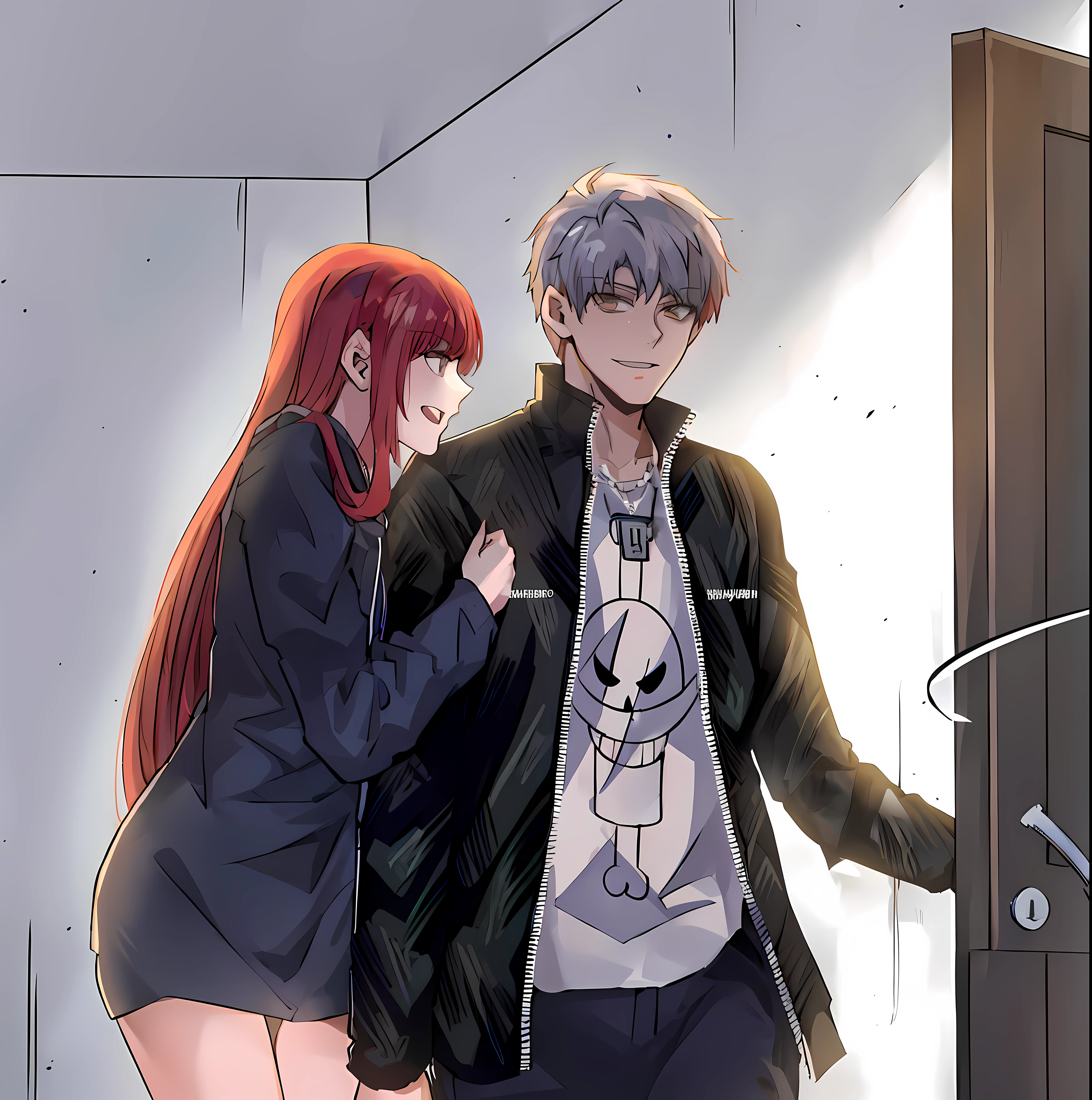 anime image of a man and woman standing in front of a door, official fanart, high quality fanart, shoujo romance, with red hair, ; visual novel, manhwa, painted in anime painter studio, highly detailed exquisite fanart, made with anime painter studio, detailed fanart, about to consume you, in anime style, digital art from danganronpa