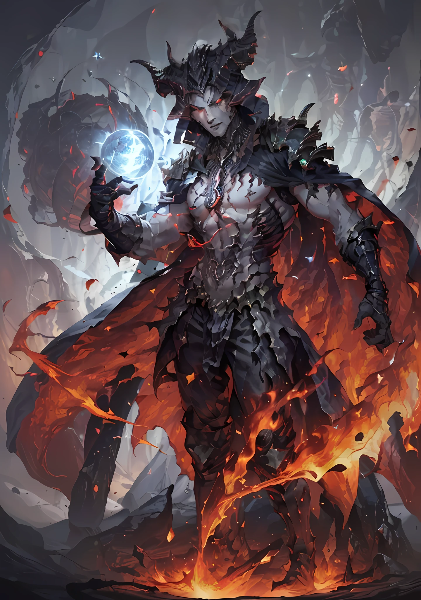 1man, ((warlock in tight clothes with black cape, red eyes, raises his right hand and in his palm has a ball of light blue power, summons dark forces coming out of his hand, detailed face)), Volcano Background Erupting, ((( full body))), (((model pose))), (((focused and symmetrical face)))