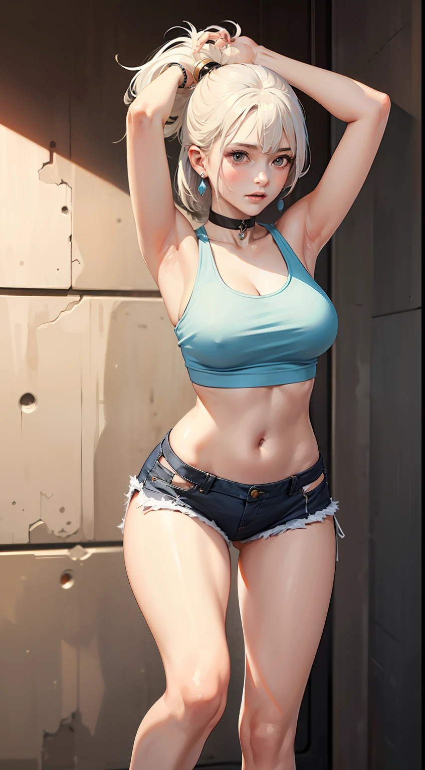 ((masterpiece)),(( best quality)),extremely detailed,1girl,(solo:1.7),tank top, abdomen,fashi-girl,large breasts,
dynamic posesdynamic angles, dynamic pose, white hair,Exquisite earrings,choker,