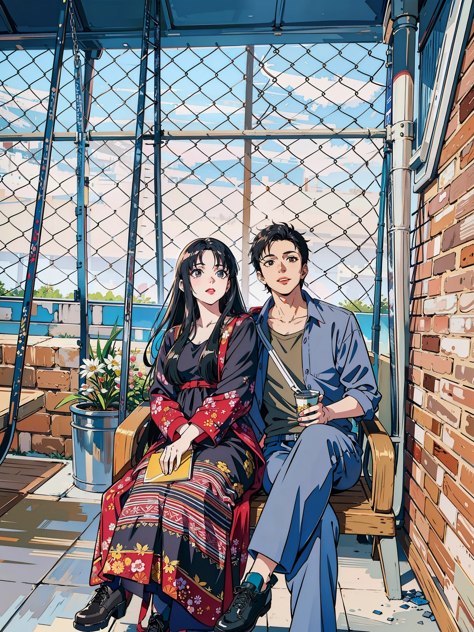 (masterpiece),(best quality:1.0), (ultra highres:1.0), detailed illustration, 8k, anime, 1girl, beautiful anime girl, wearing a black dress, intricate details, black eyes, detailed eyes, black hair, detailed hair detailed, highlights on hair, smile, red lipstick, red lips, detailed lips, 1 boy, young handsome boy, stylish hair, pale lips, wearing a black shirt, anime style, best quality, detailed