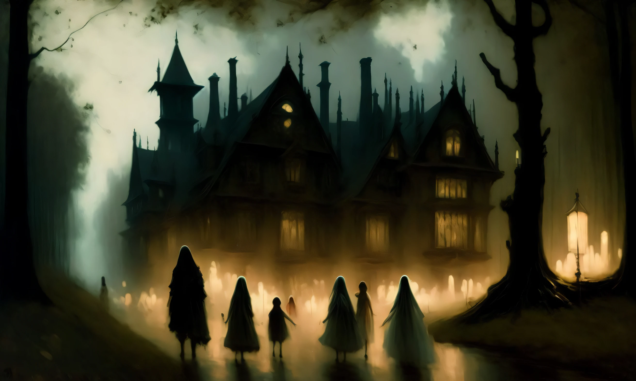 A dark forest haunted by ghosts, witches and werewolves, with a sinister castle looming in the distance, (by classipeint:0.4) and (laxpeintV2:0.7),