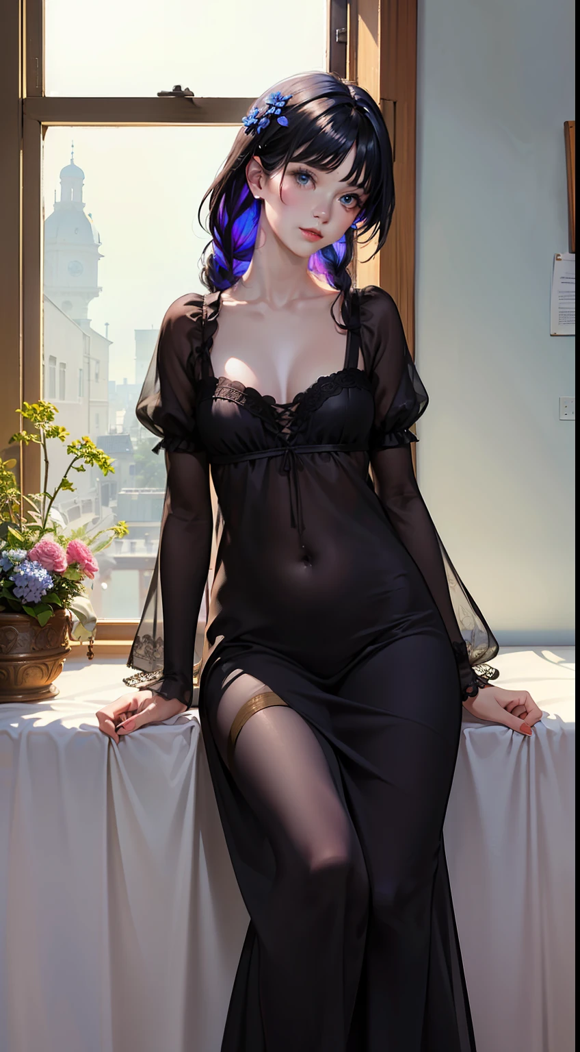 art by Cornflower, dreamy (pilyeon, masterpiece, best quality, (extremely detailed CG unity 8k wallpaper, masterpiece, best quality, ultra-detailed, best shadow),(iridescent hair:1.4), (detailed background), (beautiful detailed face, beautiful detailed eyes), braided hair one side, hair ornament, High contrast, (best illumination, an extremely delicate and beautiful),(girl:1.5),((black hair woman nightgown painting volegov carl larsson)), ((caustic, seductive, sexy, charming)),((sitting looking far through windows)), dynamic angle,nobility, elegant, beautiful detailed glow,upper thigh, cowboy shot, narrow waist, wide hips, large breasts), cornflower,1girl,snowing,best quality, masterpiece, finely detail, highres,,sitting, full body, art by Cornflower, dreamy,  beautiful detailed eyes,aqua eyes,cute face, 1girl, smile, (((small breast))), (((bokeh))),depth of field,  cute face, looking at the viewer, masterpiece, modelshoot style, cleavage, full body portrait, sexy pose, ((8k, RAW photo, highest quality, masterpiece), High detail RAW color photo professional  photo,  (realistic, photo realism:1. 37), (highest quality), (best shadow), (best illustration),  ultra high resolution, highly detailed CG unified 8K wallpapers, physics-based rendering, cinematic lighting),