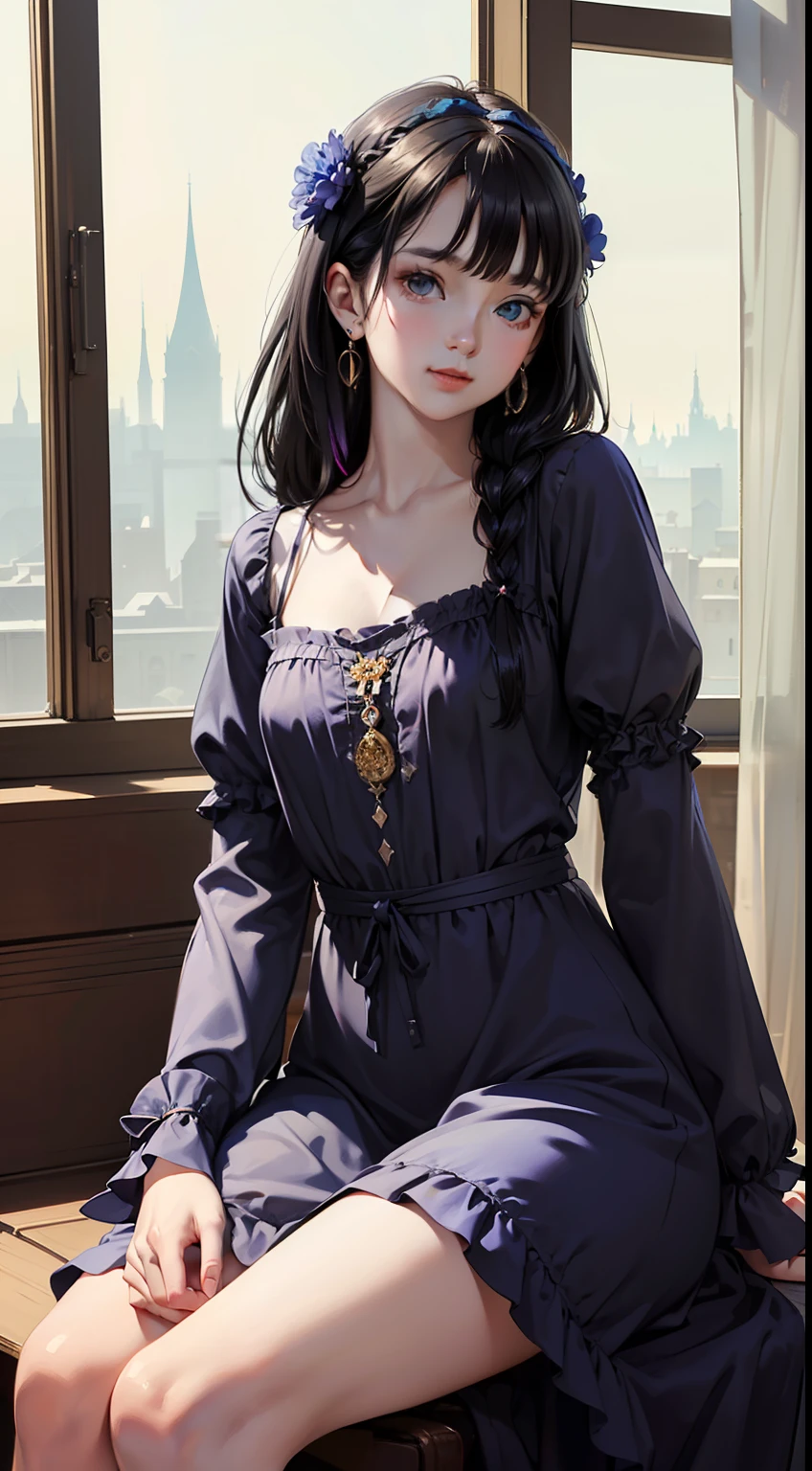 art by Cornflower, dreamy (pilyeon, masterpiece, best quality, (extremely detailed CG unity 8k wallpaper, masterpiece, best quality, ultra-detailed, best shadow),(iridescent hair:1.4), (detailed background), (beautiful detailed face, beautiful detailed eyes), braided hair one side, hair ornament, High contrast, (best illumination, an extremely delicate and beautiful),(girl:1.5),((black hair woman nightgown painting volegov carl larsson)), ((caustic, seductive, sexy, charming)),((sitting looking far through windows)), dynamic angle,nobility, elegant, beautiful detailed glow,upper thigh, cowboy shot, narrow waist, wide hips, large breasts), cornflower,1girl,snowing,best quality, masterpiece, finely detail, highres,,sitting, full body, art by Cornflower, dreamy, beautiful detailed eyes,aqua eyes,cute face, 1girl, smile, (((small breast))), (((bokeh))),depth of field, cute face, looking at the viewer, masterpiece, modelshoot style, cleavage, full body portrait, sexy pose, ((8k, RAW photo, highest quality, masterpiece), High detail RAW color photo professional photo, (realistic, photo realism:1. 37), (highest quality), (best shadow), (best illustration), ultra high resolution, highly detailed CG unified 8K wallpapers, physics-based rendering, cinematic lighting),