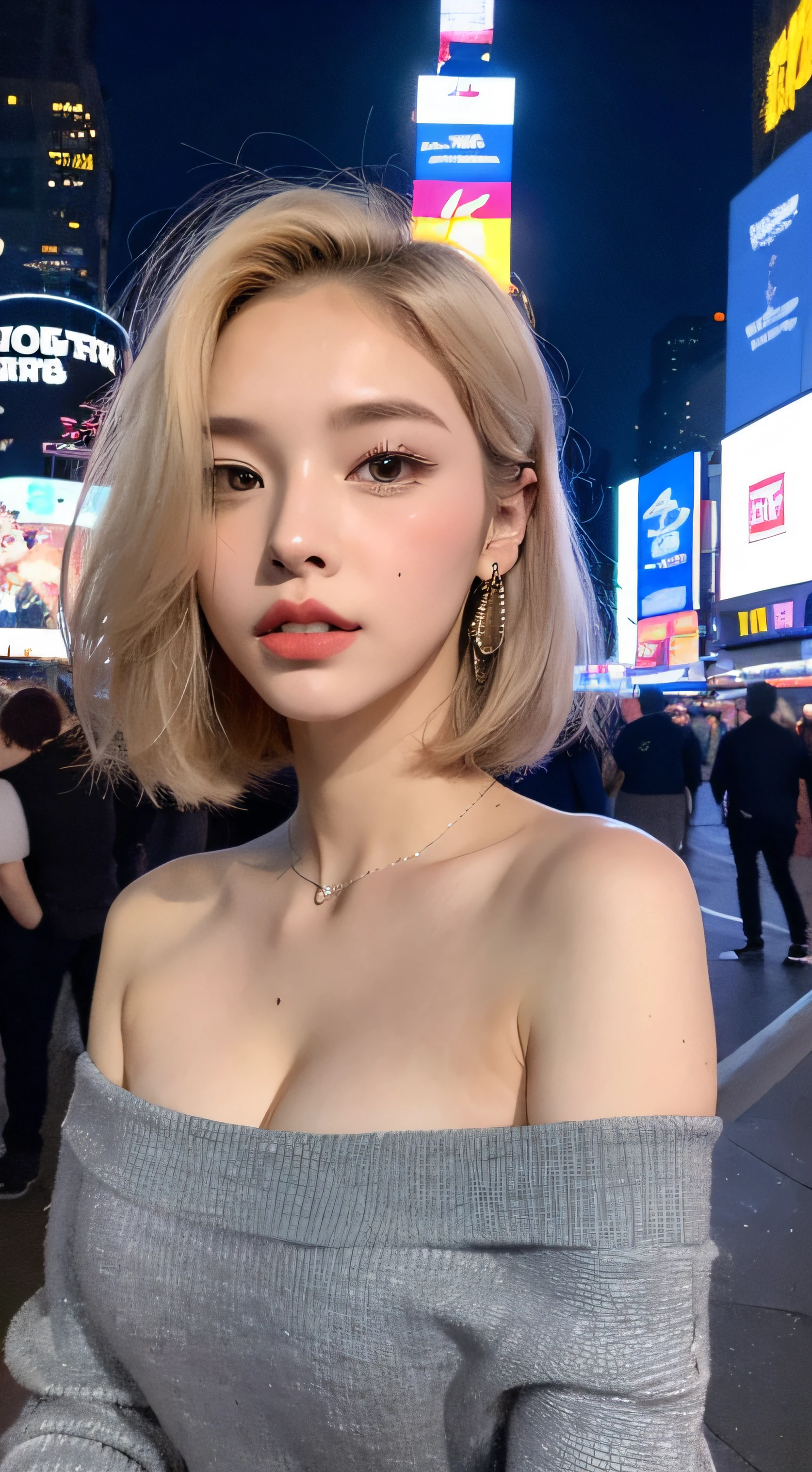 ((Night Scene, Realistic Light, Best Quality, 8k, Masterpiece: 1.3)), 1 Girl, Slim Body Beauty: 1.4, Blonde, Short Hair, (Big: 1.3), Off Shoulder Cut Top: 1.3, Ultra Detailed Face, Detailed Eyes, Double Eyelids, NYC, Times Square, Cleavage