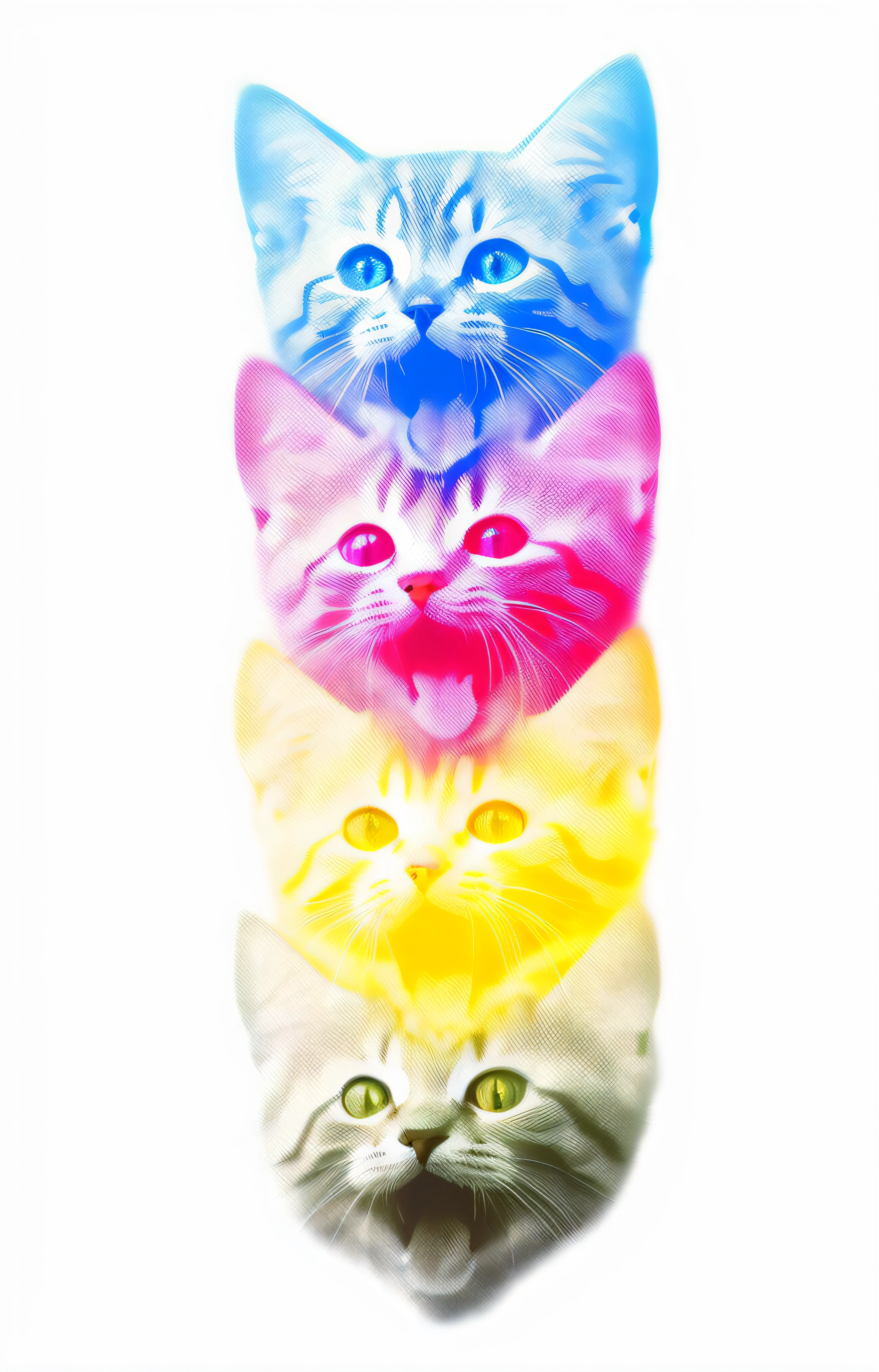 there are four cats that are all different colors together, !!! cat!!!, happy cat, !!!! cat!!!!, smileeeeeee, beautiful neon cats, cute colorful adorable, cmyk, cmyk portrait, catss, high resolution print :1 cmyk :1, cat. digital painting, cute cat photo, 4 colors!!!, CMYK!!!, the cat is smiling --auto