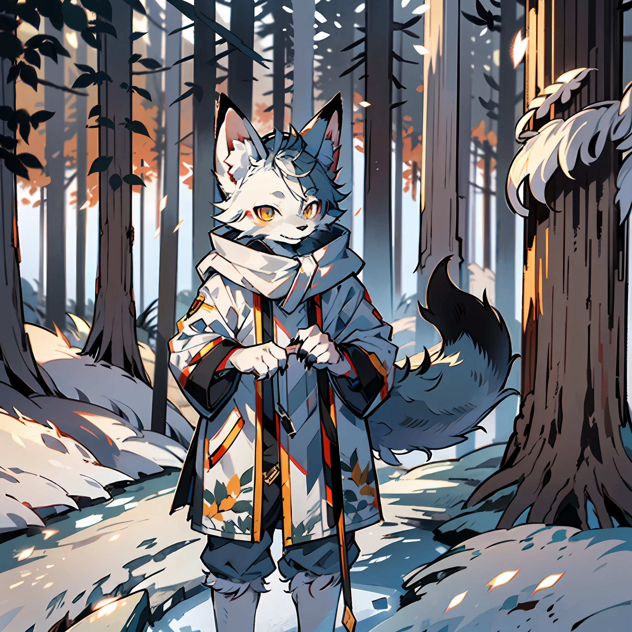 high detail, hyper quality, high resolution, 1080P, solo, furry, (male arctic fox: 1.5), (gray fur: 1.3), gray skin, gray ears, golden eyes, sharp claws, (fluffy tail: 1.2), carrying a bow and arrow, standing in front of a log cabin in the forest, detailed background