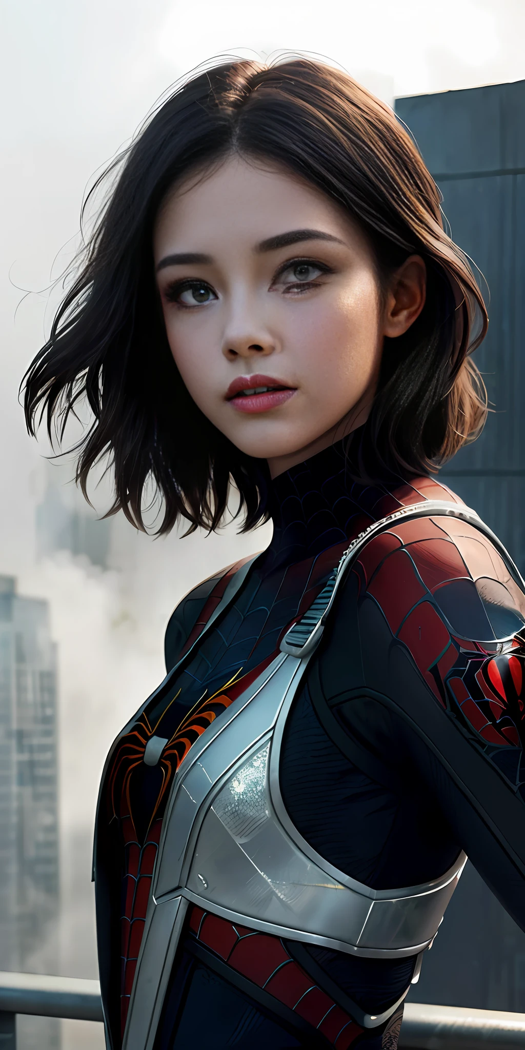 (1girl:1.3), Solo, (((Very detailed face)))), ((Very detailed eyes and face)))), Beautiful detail eyes, Body parts__, Official art, Unified 8k wallpaper, Super detailed, beautiful and beautiful, beautiful, masterpiece, best quality, original, masterpiece, super fine photo, best quality, super high resolution, realistic realism, sunlight, full body portrait, amazing beauty, dynamic pose, delicate face, vibrant eyes, (from the front), She wears Spider-Man suit, red and black color scheme, spider, very detailed city roof background, rooftop, overlooking the city, detailed face, detailed complex busy background, messy, gorgeous, milky white, highly detailed skin, realistic skin details, visible pores, clear focus, volumetric fog, 8k uhd, DSLR, high quality, film grain, fair skin, photo realism, lomography, futuristic dystopian megalopolis, translucent