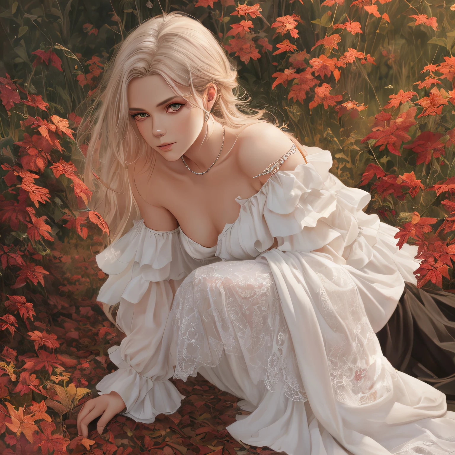 hyper-real), (illustration), (high resolution), (best quality, 8K, masterpiece: 1.3), (very detailed), (best illustration), perfect body beauty: 1.4, (beautiful detailed eyes), (super detail), (desktop wallpaper), (detailed face), milky white and fair skin, high detail skin, realistic skin details, visible pores, (dynamic pose), the art of John Collier and Albert Obright and Krenz Kusatt and Artem Demura, Open shoulder dress: 1.4, shallow smile, camelto, full body, outdoor