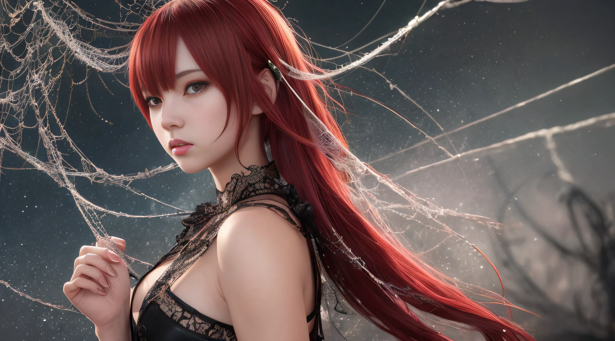 anime girl with red hair and a spider web in her hand, by Yang J, dark fantasy style art, 8k stunning artwork, 2. 5 d cgi anime fantasy artwork, 4k fantasy art, 8k high quality detailed art, 4k highly detailed digital art, anime fantasy artwork, dark fantasy art, ross tran 8 k, anime style 4 k