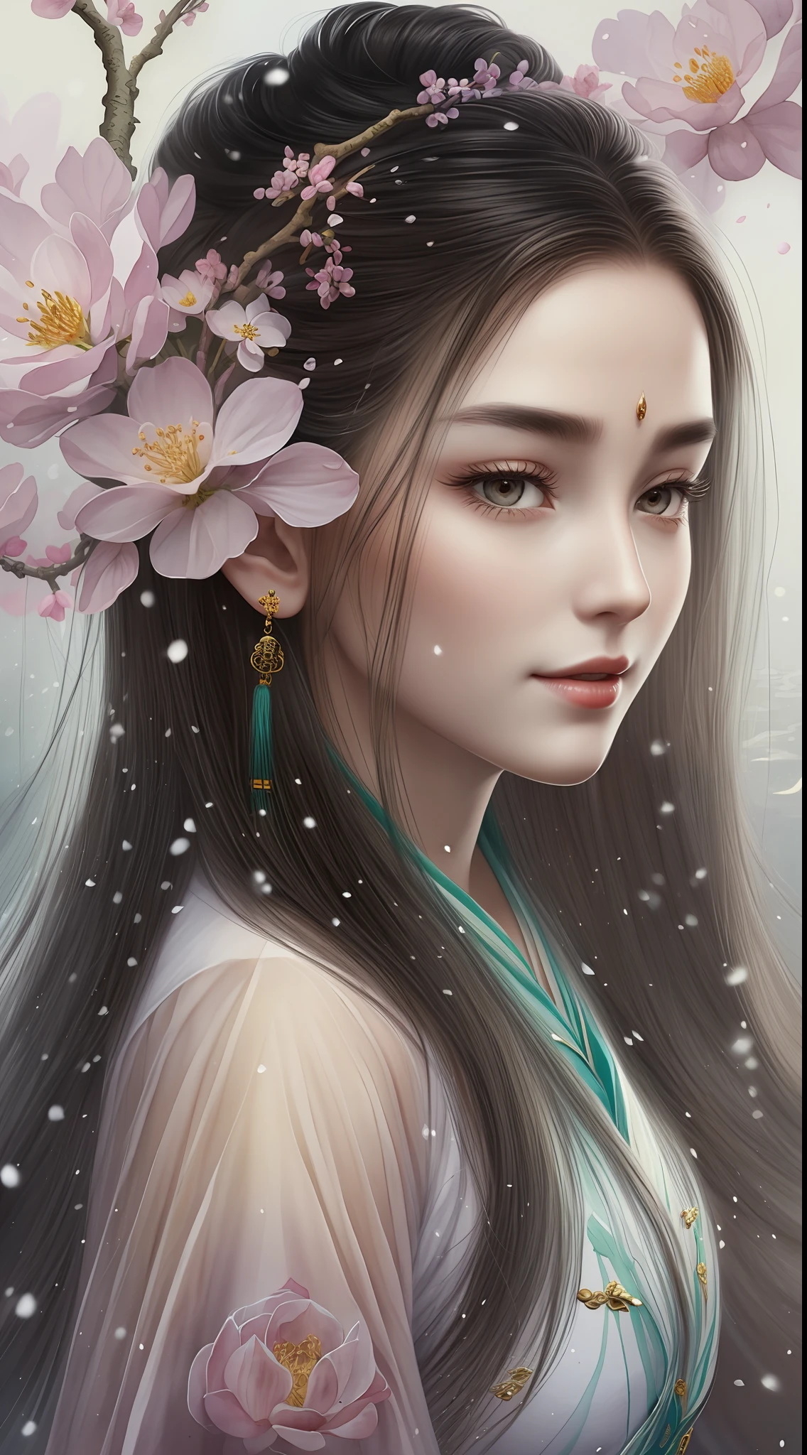Watercolor, watercolor style, ink, legend, red, plum blossom, foreground, plum blossom middle scene, plum blossom vista, snow, ancient Chinese Hanfu beauty standing in the sea of flowers smiling, melon seed face, willow leaf eyebrows, cherry small mouth, gentle atmosphere, close-up, perfect facial features, delicate facial portrayal, master works, flower depiction meticulous, super fine, high quality, high resolution, perfect composition,