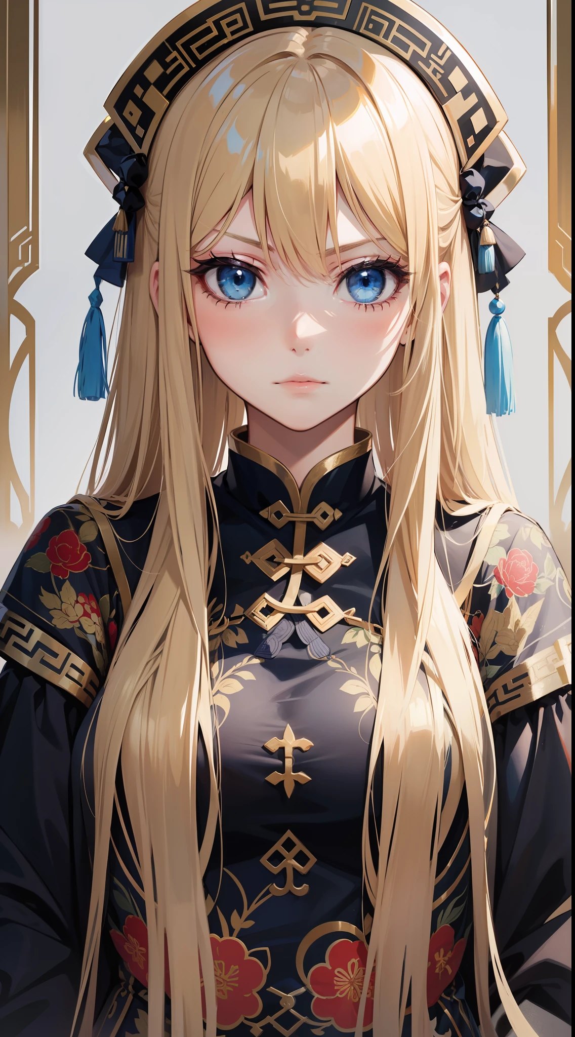 Adult girl, long blonde hair with white strands, blue eyes, black Chinese clothes, serious look, masterpiece, high quality