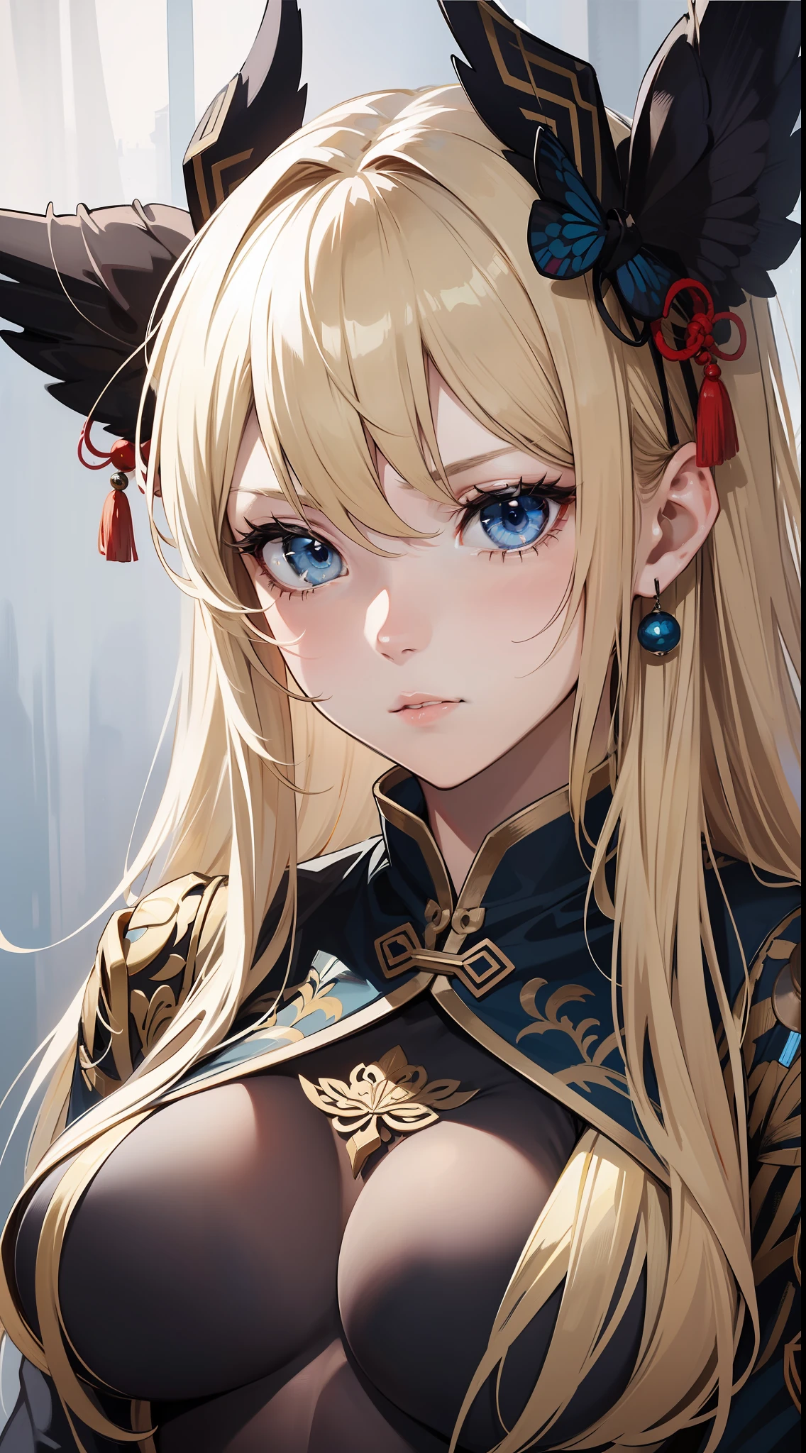 Adult girl, long blonde hair with white strands, blue eyes, black Chinese clothes, serious look, masterpiece, high quality