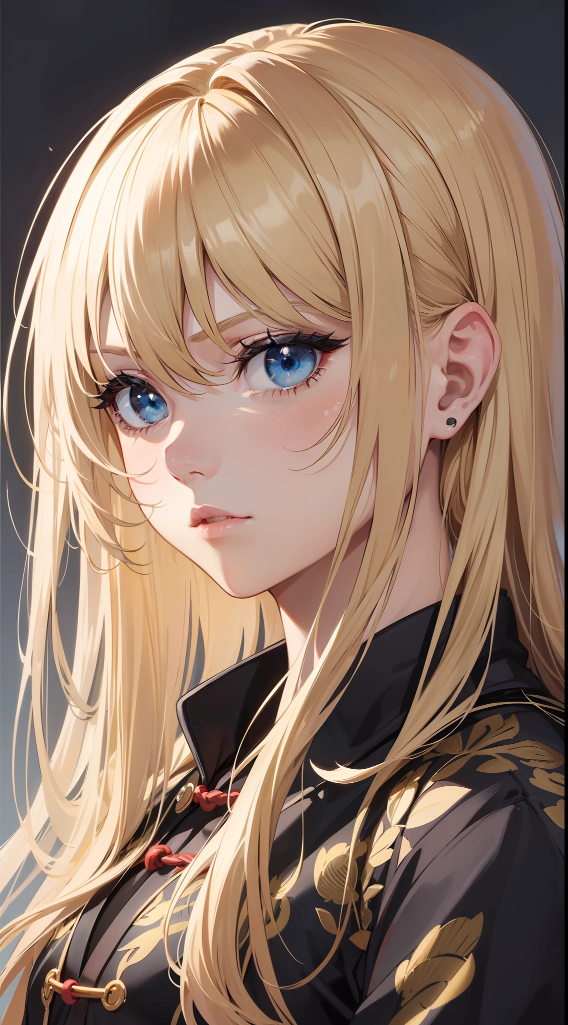 Adult girl, long blonde hair with white strands, blue eyes, black Chinese clothes, serious look, masterpiece, high quality