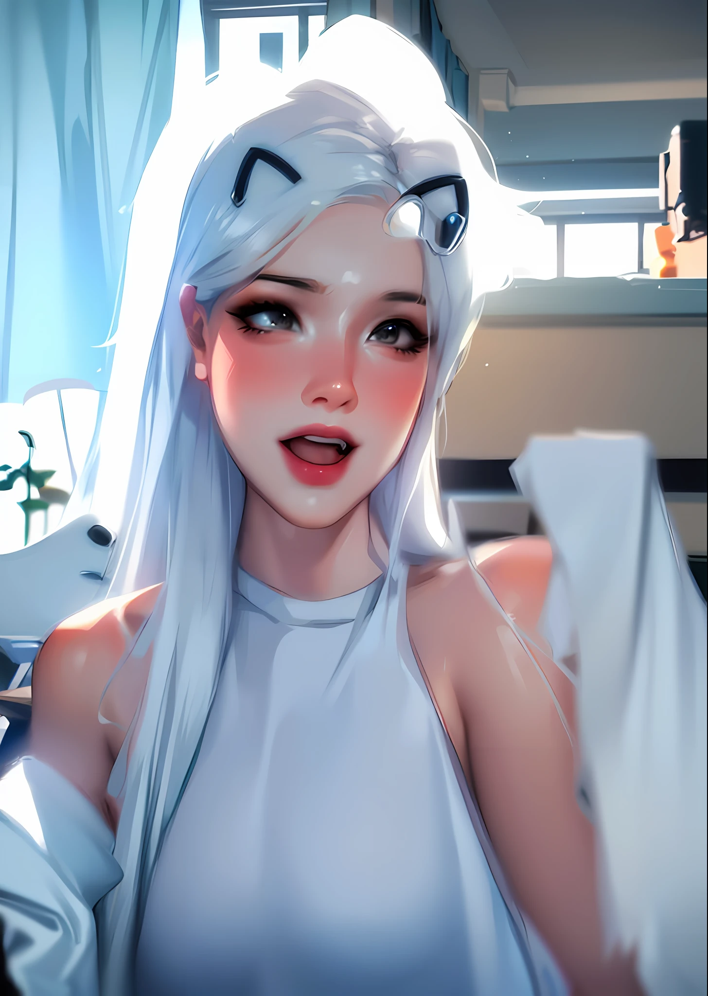 (Best Quality, 8k, 32k, Masterpiece, UHD: 1.2), Perfect Light, Daytime, Indoors, Half, A Girl, With Blush with Studs and Rings, Long Black Hair, Bare Shoulders, White Skirt,