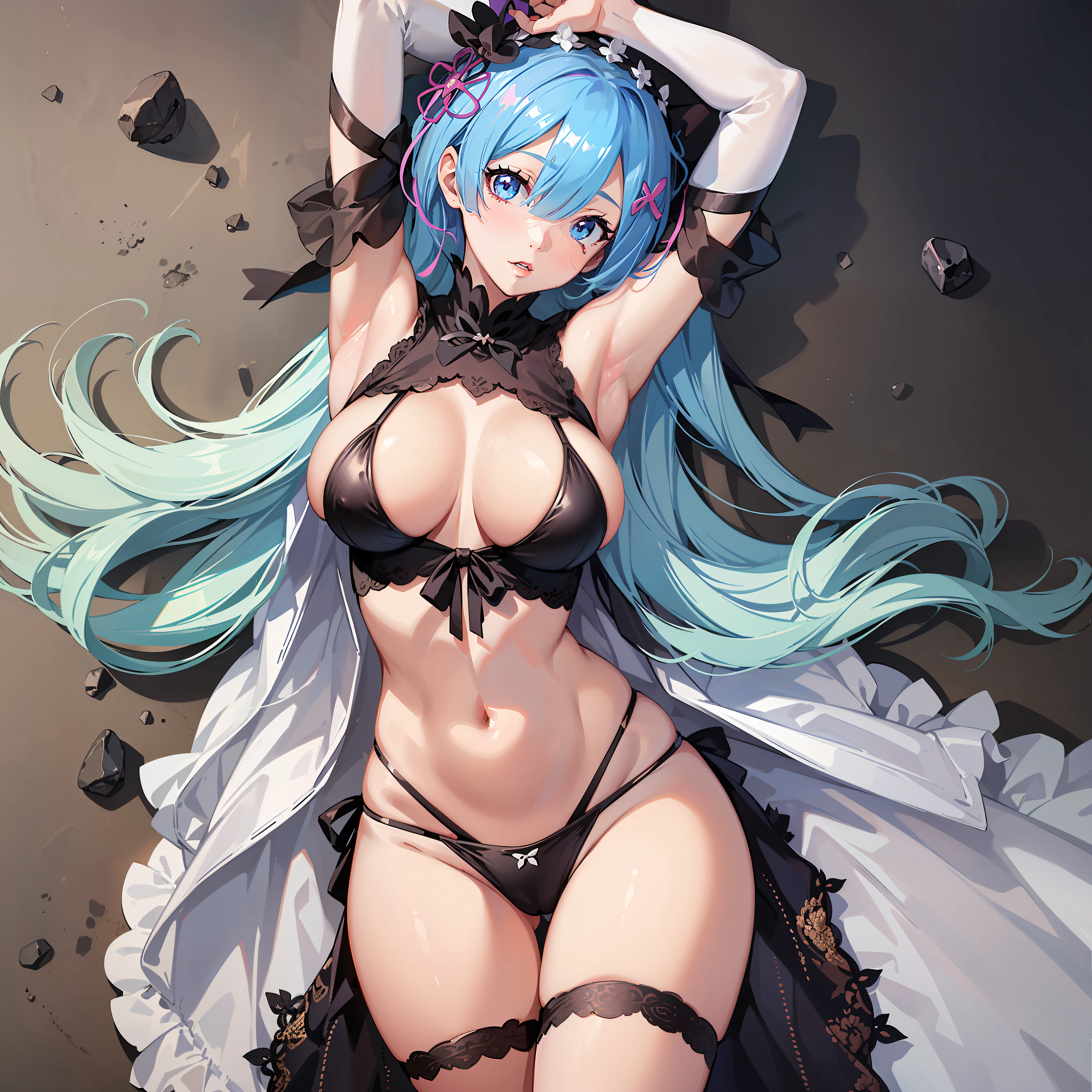 (((Beautiful and sexy girl))). ((Rem from anime Re:Zero)) (8k, RAW photos, max quality, masterpiece: 1.7). (Realistic, Photorealistic: 1.9). 1 girl. hyperdetailed iris . Hyperdetailed eyes. Woman. Day. Busty. Wearing sexy and daring bikini. Protruding areola. The shape of the pubic area is clearly visible. Girl. Lots of eyelashes. Defined abdomen. Walking along the beach. hyperdetailed skin