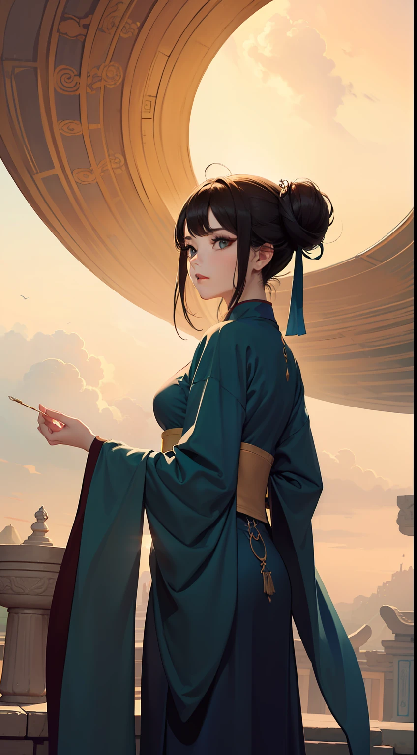 (Close up: 2.8), (Thigh up: 2.8), (Close up: 2.8), (Solo: 3.8), (Back hand: 3.8), (Hand covered by clothing: 4.8), (Ink painting: 2.8), (Romanticism: 2.8), (Elegance: 2.9), (Dunhuang Feitian: 2.8), (Feitian: 1.8), (Dunhuang murals: 1.8), (Chinese classical style: 1.6), (Dunhuang caisson: 1.8), 1 Flying Fairy (exquisite face, flowing ribbons, elegant eyebrow makeup, surrounded by clouds and mist, flying, silk, lightweight, multi-colored Hanfu, colorful clouds, complex patterns, complex patterns, watery big eyes, fairy, fairy aura, beautiful, Hanfu, flowing long hair, classical, Tang Dynasty, magnificent, aristocratic, patterns, decorations, jewelry, hairpins, buns, ribbons, super color matching, master color matching), (Gorgeous Hanfu: 1.8), (Gorgeous bun: 1.8), (Tang Dynasty: 1.6), (Eyebrow makeup: 1.8), {Background (with the sun and the curved moon in the upper left and right corners of the screen), Ancient Chinese Architecture, Heavenly Palace, Colorful Clouds, Immortal Qi, Auspicious Clouds)}, (Dynamic Capture: 2.8), (Heavenly Palace: 1.6), (Immortal Qi Surrounding: 2.8), (Floating in the Air: 1.8), (Clothes Covering Hands: 13.8), (Back Hands: 13.8), (Clothes covering fingers: 3.8), (Flying sky mural: 1.7), (Auspicious cloud surround: 1.8), (Master light and shadow: 1.8), (Dingdall phenomenon: 2.8), Bright background, Sunshine
(Masterpiece), best, 8k wallpaper, illustrations, high-definition image quality, full of storytelling, complex backgrounds,exquisite details, rich visual effects, bright colors, layered highlights, shadows and details, as well as cinematic quality, exquisite and complex, master works, official works, master lighting, movie composition, movie lighting, master composition, master color scheme, 16K, ultra clear, Wallpaper,
多彩style-paintmagic 流水realcumAI 魔幻场景advntr 魔幻style-sylvamagic 美女现实ulzzang-6500-v1.1 花丛Styl