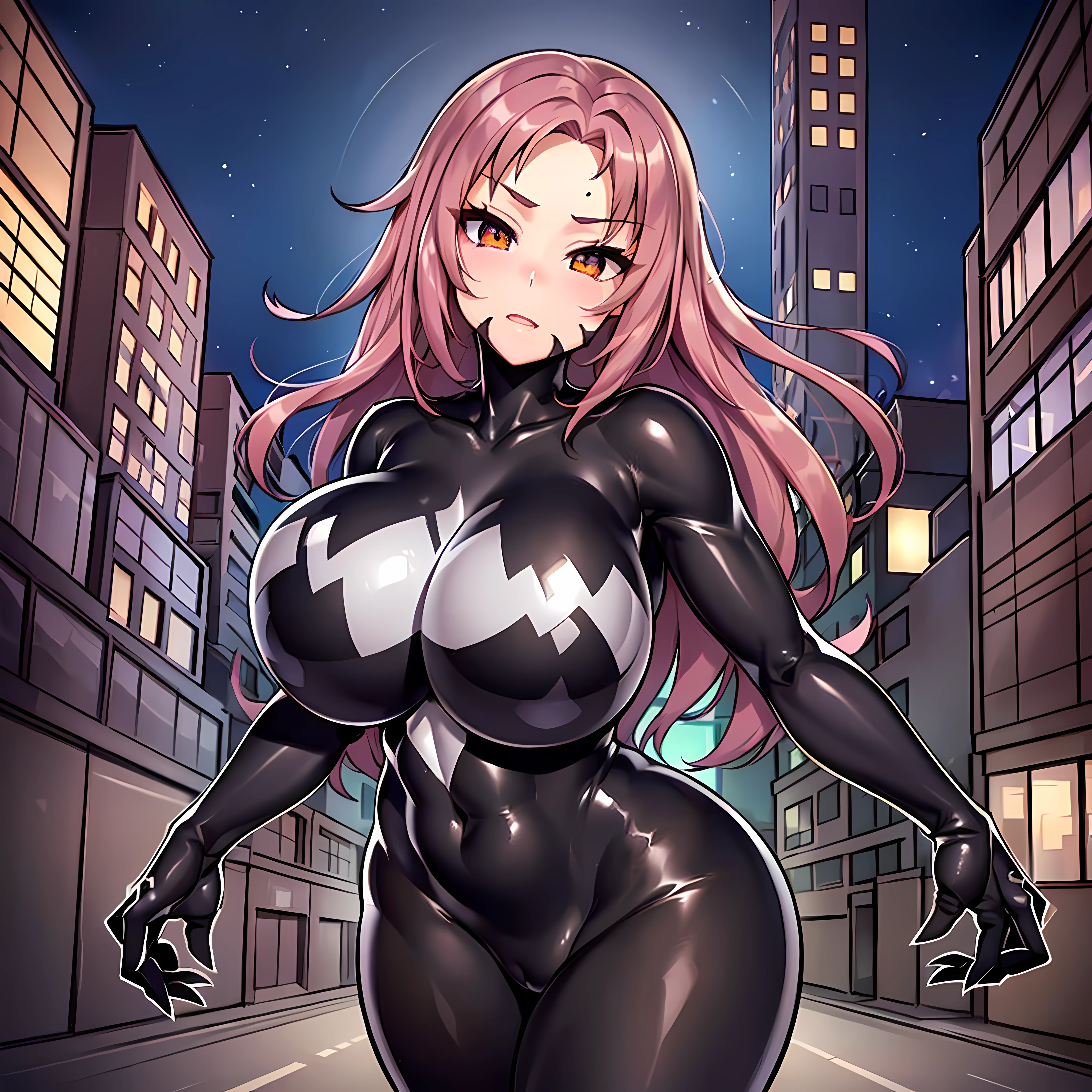 (Masterpiece)), ((Best Quality), (Ultra Detailed), ((Kawaii)), Cute, (Cute), (Very Detailed)), 4K, (8K), Best Quality, (Beautiful), (World Class Quality))), Very Detailed, High Resolution, (Detailed Shadow Beautiful Face), (Full Body), Mature Girl, Solo, (((Huge Tits))), (Sagging Tits))), (Bodysuit:1.2),,, Symbiote, Rich Action, City, Night view, glowing eyes