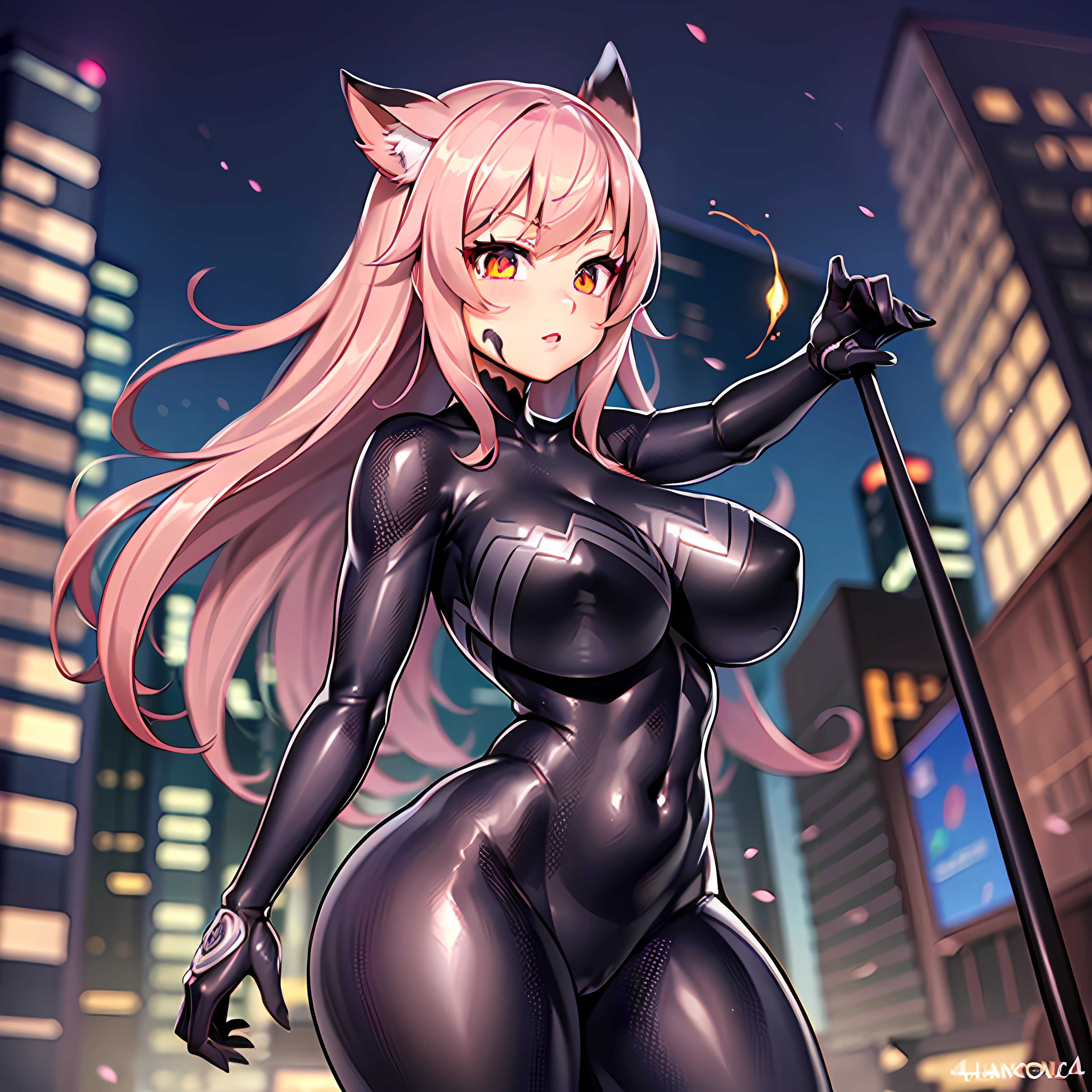 (Masterpiece)), ((Best Quality), (Ultra Detailed), ((Kawaii)), Cute, (Cute), (Very Detailed)), 4K, (8K), Best Quality, (Beautiful), (World Class Quality))), Very Detailed, High Resolution, (Detailed Shadow Beautiful Face), (Full Body), Mature Girl, Solo, (((Huge Tits))), (Sagging Tits))), (Bodysuit:1.2),,, Symbiote, Rich Action, City, Night view, glowing eyes