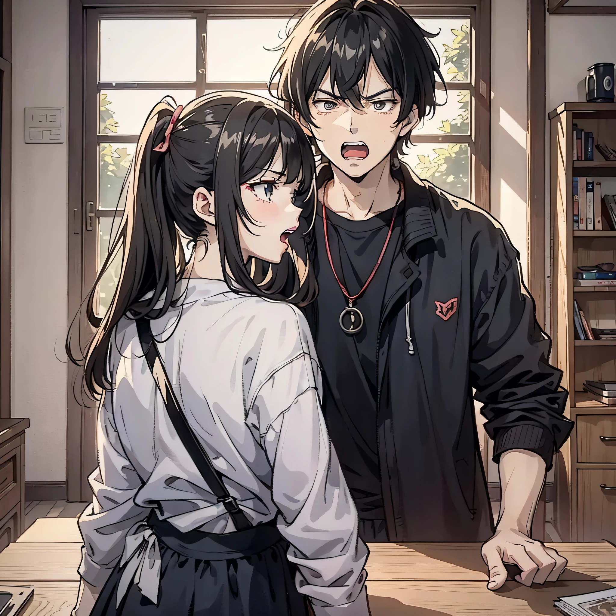 In a village room, a young couple stands side by side in the room talking angrily, (young couple 1.5) (open mouth yelling 1.5) (angry expression 1.5) (background is in the village room) anime style 4 K, anime rendering, anime style. 8K, upper body display 1.5) (cinematic lighting 1.5)