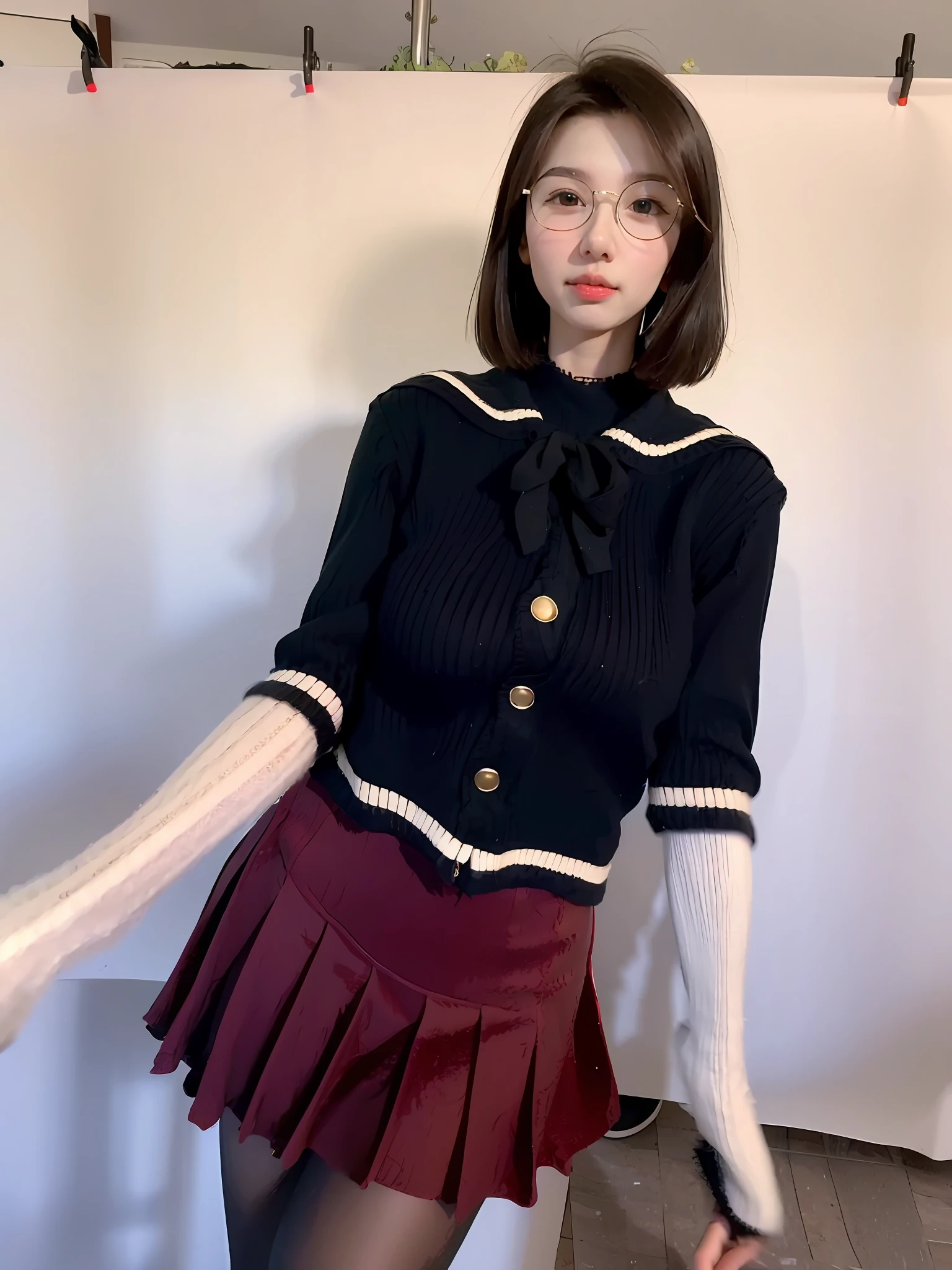 best quality, (photorealistic:1.2), 1girl, solo, best quality, ultra res, (photorealistic:1.4), 1girl,solo, lip plump, sultry eyes, school uniform, sexy students may have a confident and seductive demeanor, showing a sense of confidence and charm that attracts people to them. She has a toned physique and presents herself with a calm and elegant posture. She dresses fashionably and tastefully, highlighting her own merits, but also noble temperament, long yellow hair, plump, mid-chest, long legs, pleated skirt, (pantyhose white stockings: 0.8).