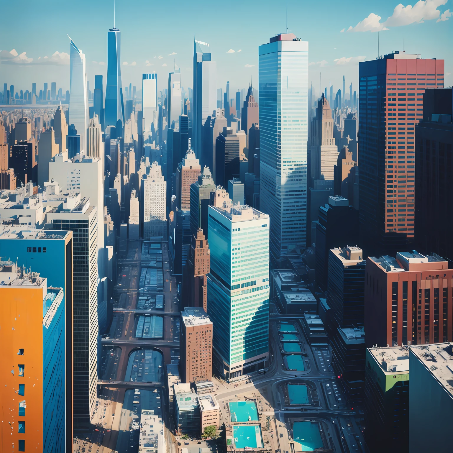 New York City, in very blue and little white, broad brushstrokes, painting of a city setting, only the buildings, few buildings, seeing from far away, from the sea, with enough sky appearing, abstract painting, modern, straight brushstrokes, brushstrokes without curves, no drip, as if it were made with spatula, acrylic paint with dog --auto --s2