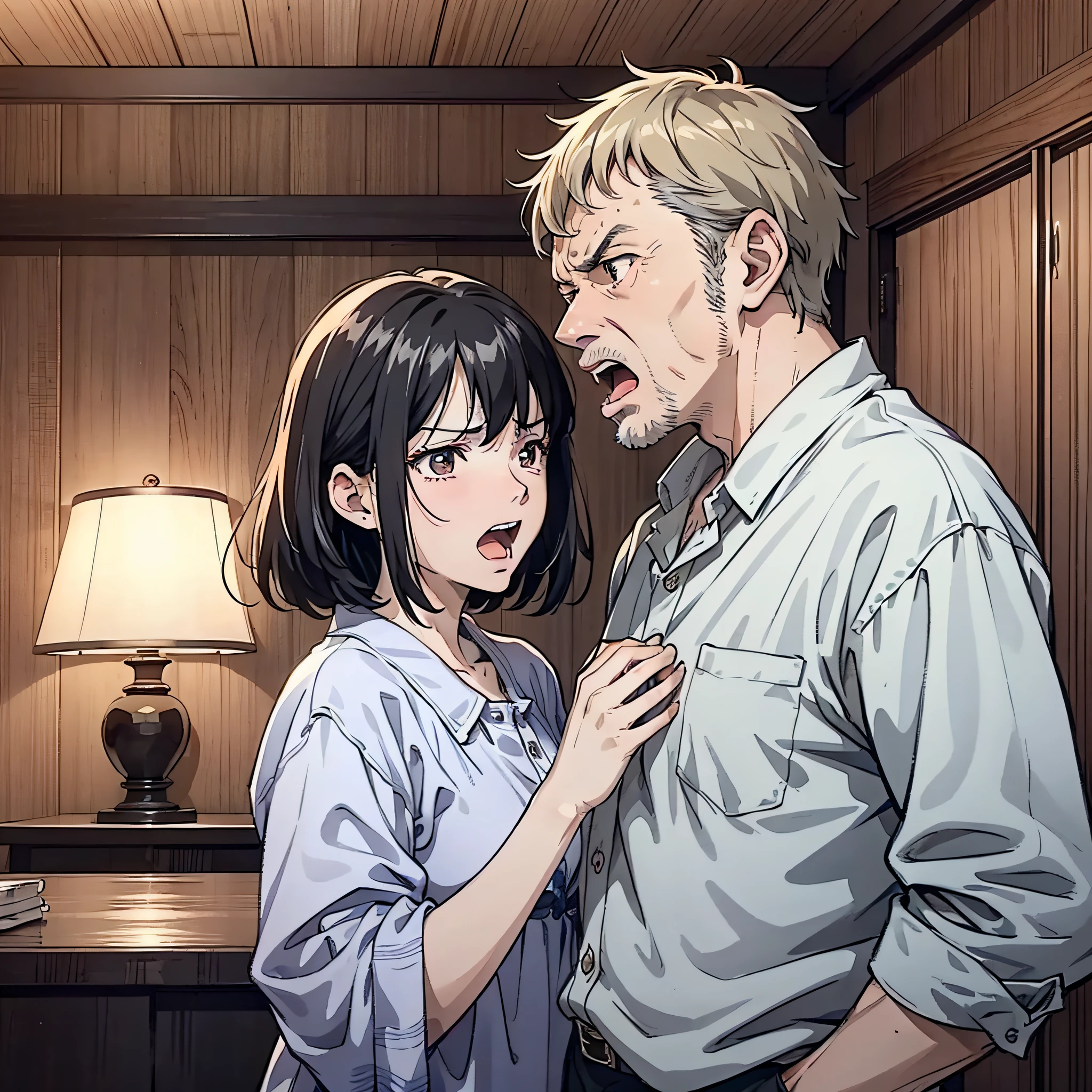 In a village room, a middle-aged couple stands side by side in the room talking angrily, (middle-aged couple 1.5) (open mouth yelling 1.5) (angry expression 1.5) (background is in the village room) anime style 4 K, anime rendering, anime style. 8K, upper body display 1.5) (cinematic lighting 1.5)