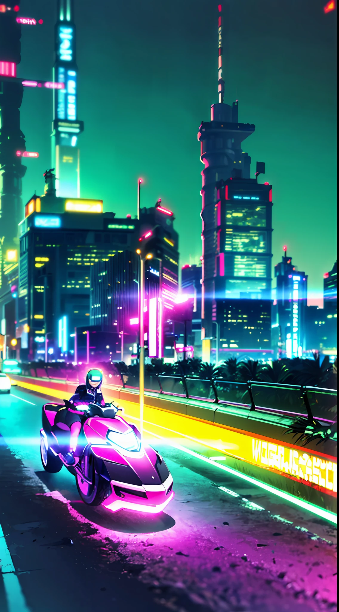 (masterpiece, detailed, high resolution:1.4), retrowave, synthwave, synth, motorcycle, Miami, cyberpunk, cyberpunk 2077, cyberpunk night city neon background, sea, beach, palm trees, green-blue glitch effect, purple-pink neon glow, fluorescent yellow, light green, purple, mint