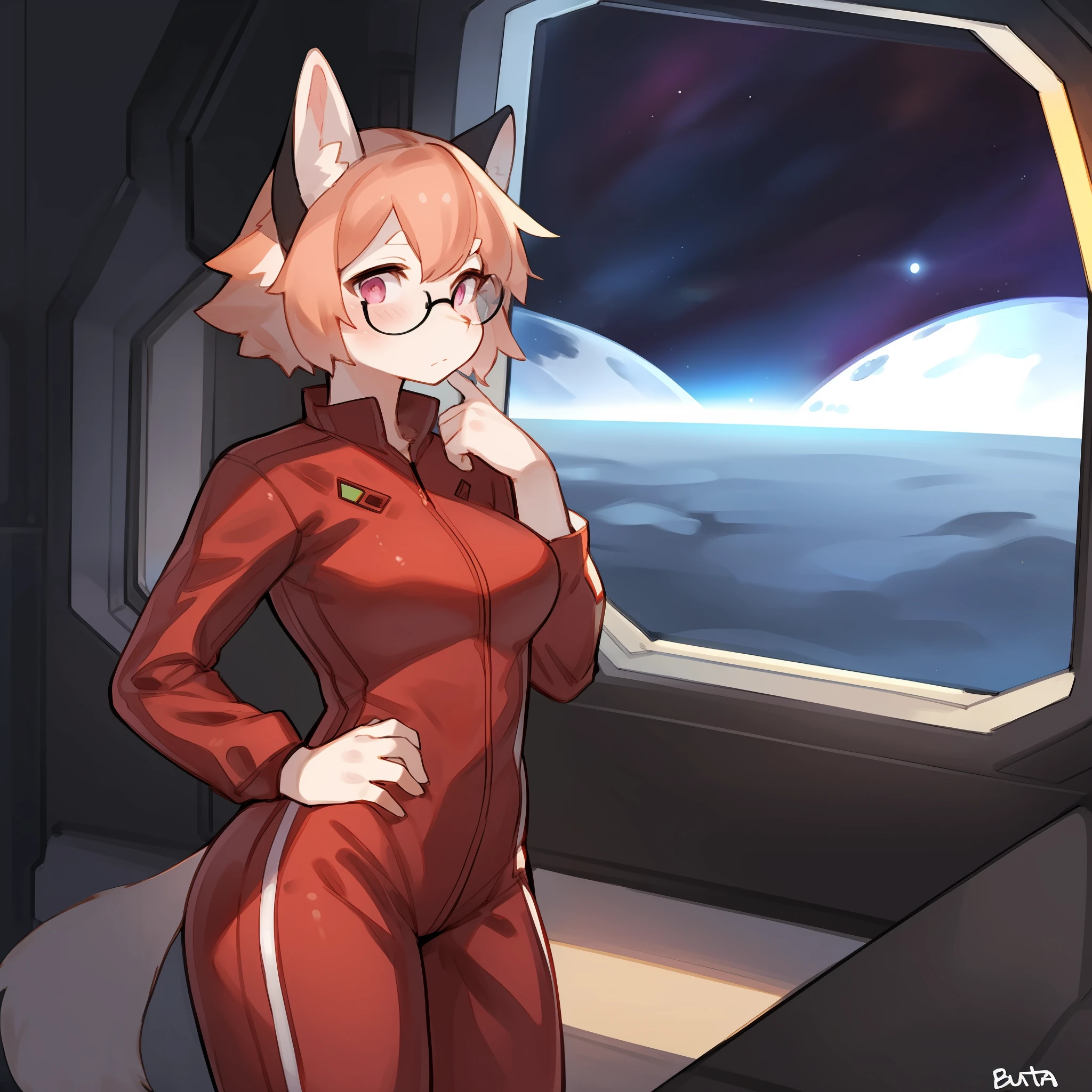 Solo, female, white fur, peach stripes, striped fur pattern, pale orange hair, medium hair, pink eyes, detailed eyes, detailed hands, medium breasts, thick-rimmed glasses, standing, by buta99, by bebebebebe, red jumpsuit, red spacesuit, space, spaceship, window, bored expression, hands at her sides, casual pose