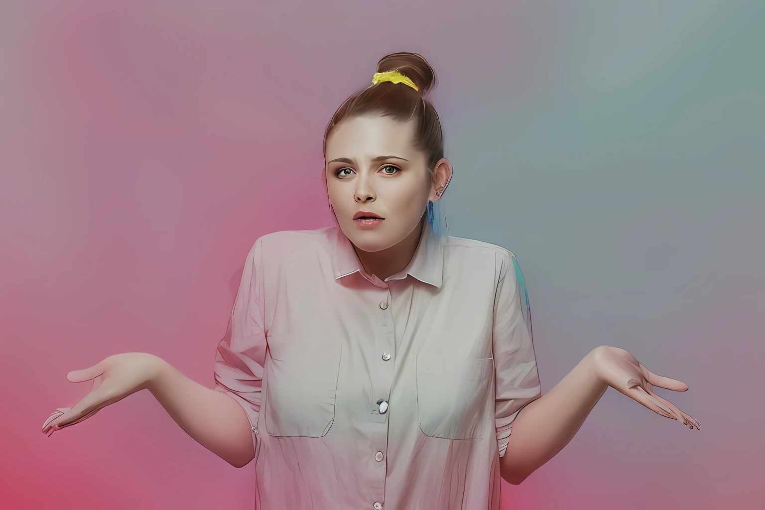 a woman with a messy bun in her hair is shrugs her hands out and looks surprised, confused expression, confused facial expression, shrugging arms, looking confused, annoyed expression, annoyed facial expression, shrugging, young angry woman, confused, not smiling, frustrated expression, irritated expression, full body sarcastic pose, surprised frown, ugly woman, frowning expression
