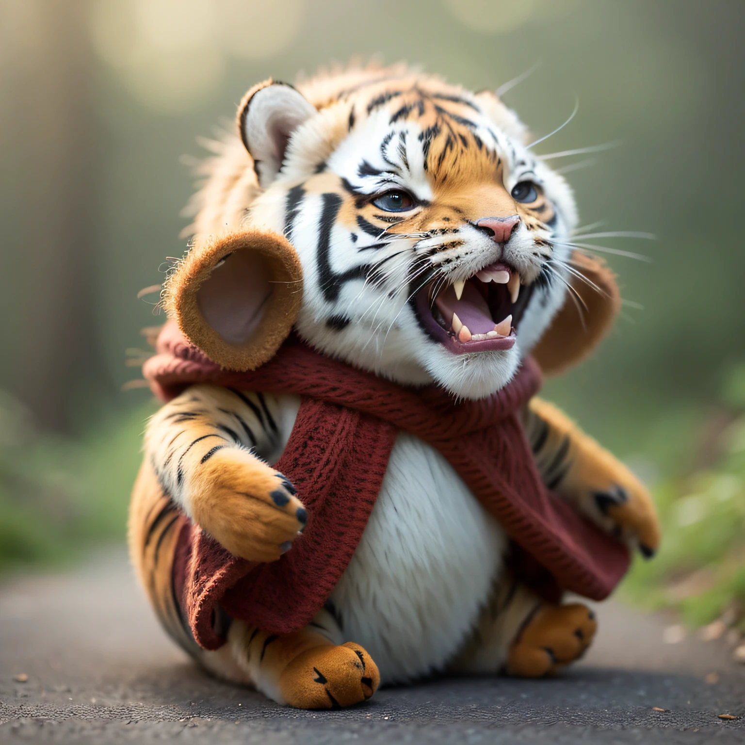 Asian 30,000 years old costume, concept game monster design, long braid, scum, big round face, tiger claw, tiger foot, big belly, armor skirt, vitality theory, photos taken with Sony A7R camera