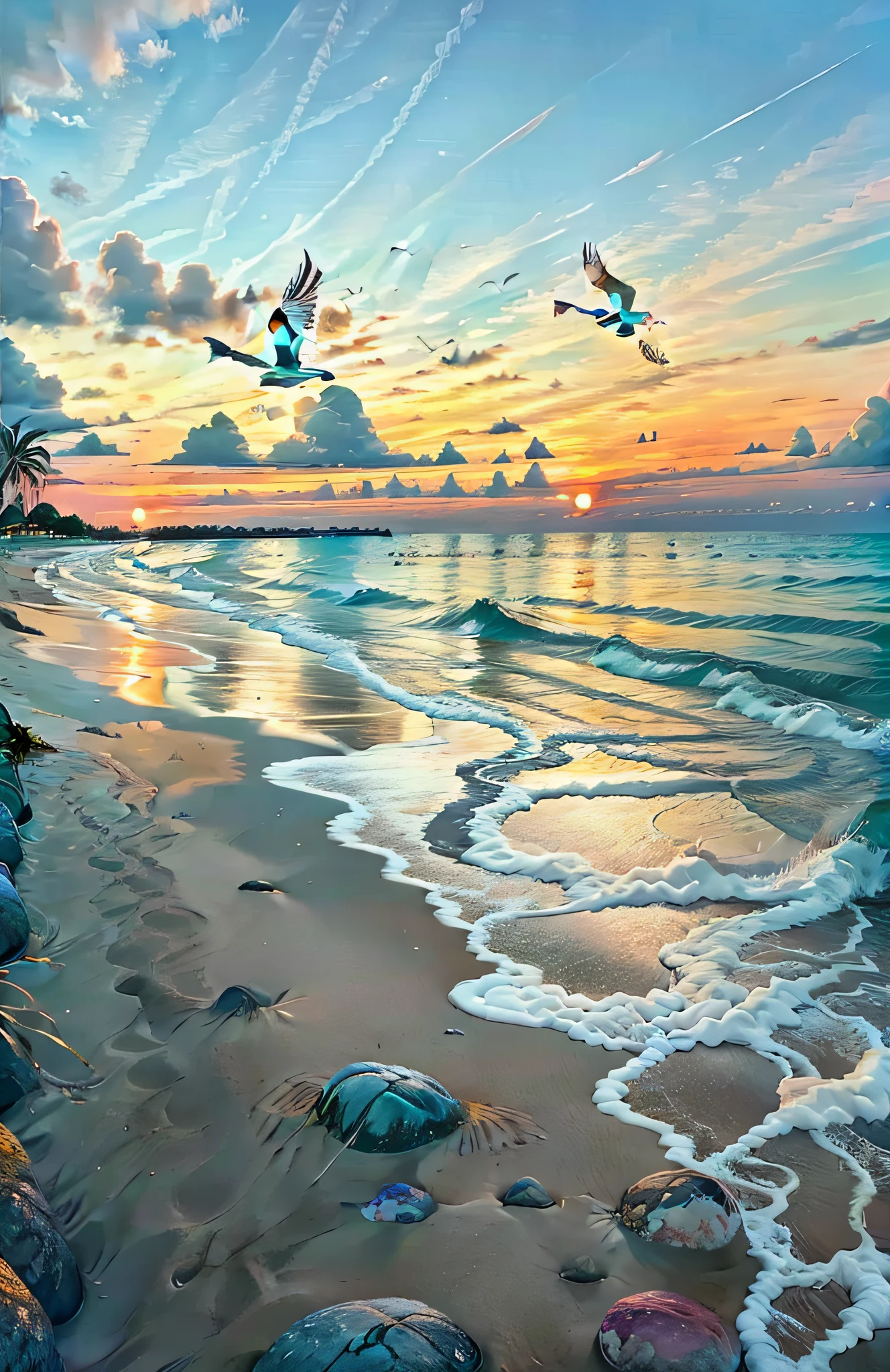 The beach is covered with colorful transparent smooth stones: 1.5, an absolutely mesmerizing sunset on the beach with a mix of orange, pink and yellow in the sky. The water is crystal clear, gently kissing the shore, and the white sand beach stretches as far as the eye can see. The scene is dynamic and breathtaking, with seagulls soaring high in the sky and palm trees gently swaying. Soak up the calming atmosphere and let tranquility envelop you.