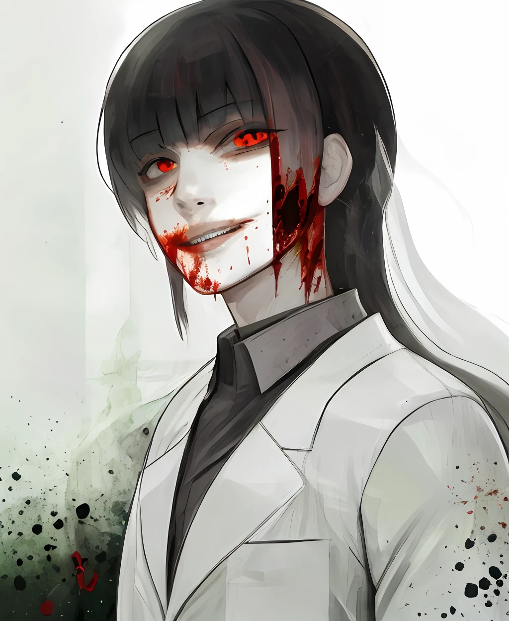 Modern architecture, red eyes, black hair, bangs, cold eyes, lab coat, sides, long straight hair, fear, splashing blood, smile, murderer